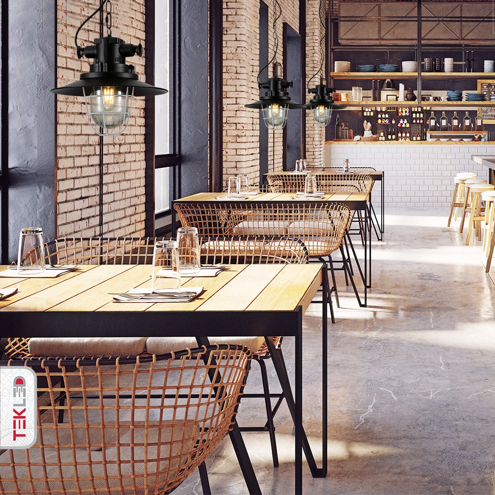 More interior usage of Black Nautical Industrial Caged Flat Shade Glass Metal Ceiling Pendant Light with E27 Fitting | TEKLED 150-18366