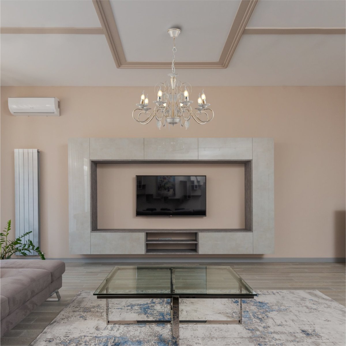 Interior application of Candle French Mediterian Leaf Traditional Vintage Gold Patinated White Ceiling Light with 3xE14 Fittings | Living room