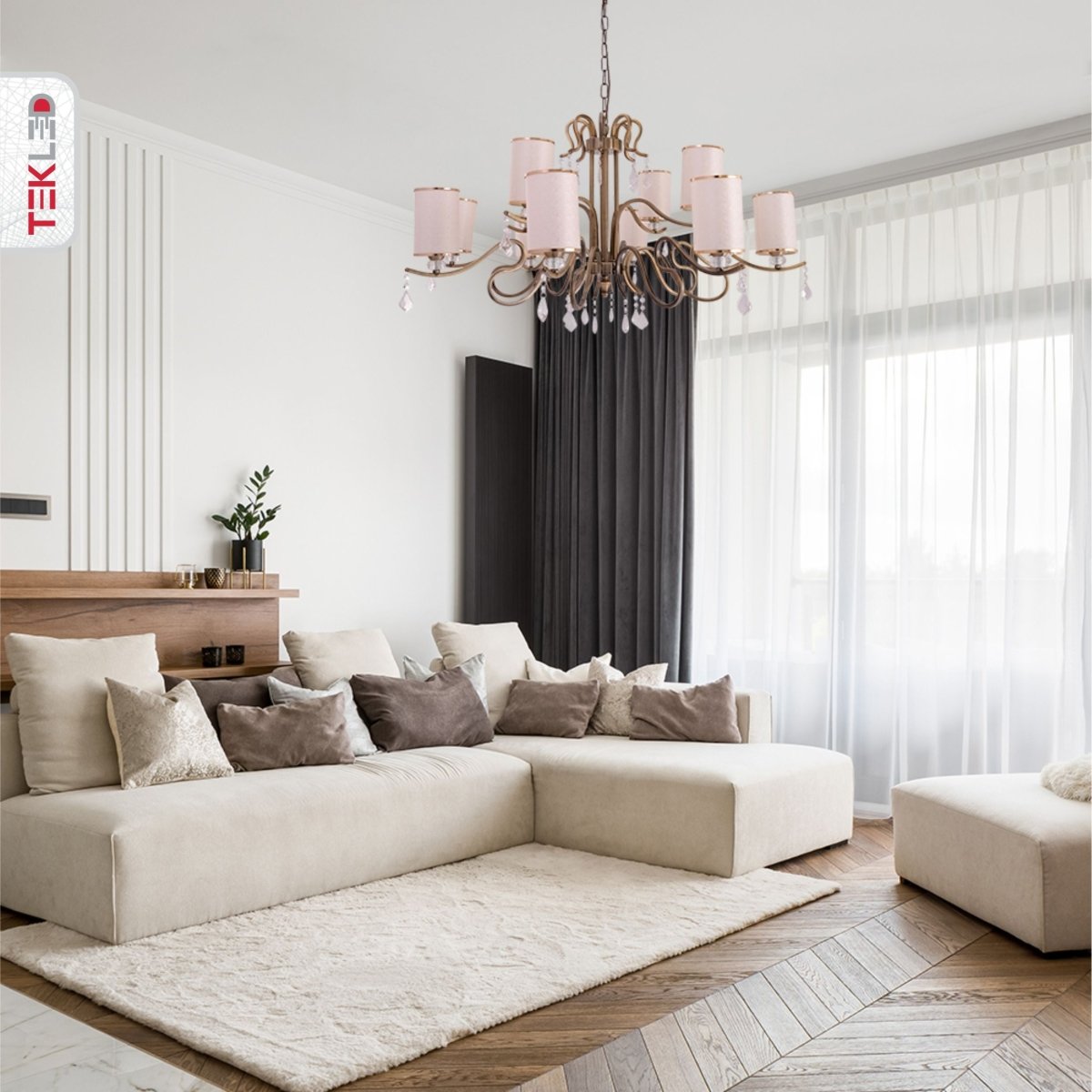 More interior usage of Cream Shade Antique Brass Metal 12 Arm Chandelier with Pendeloque Crystals 12xE14 | TEKLED 158-17830