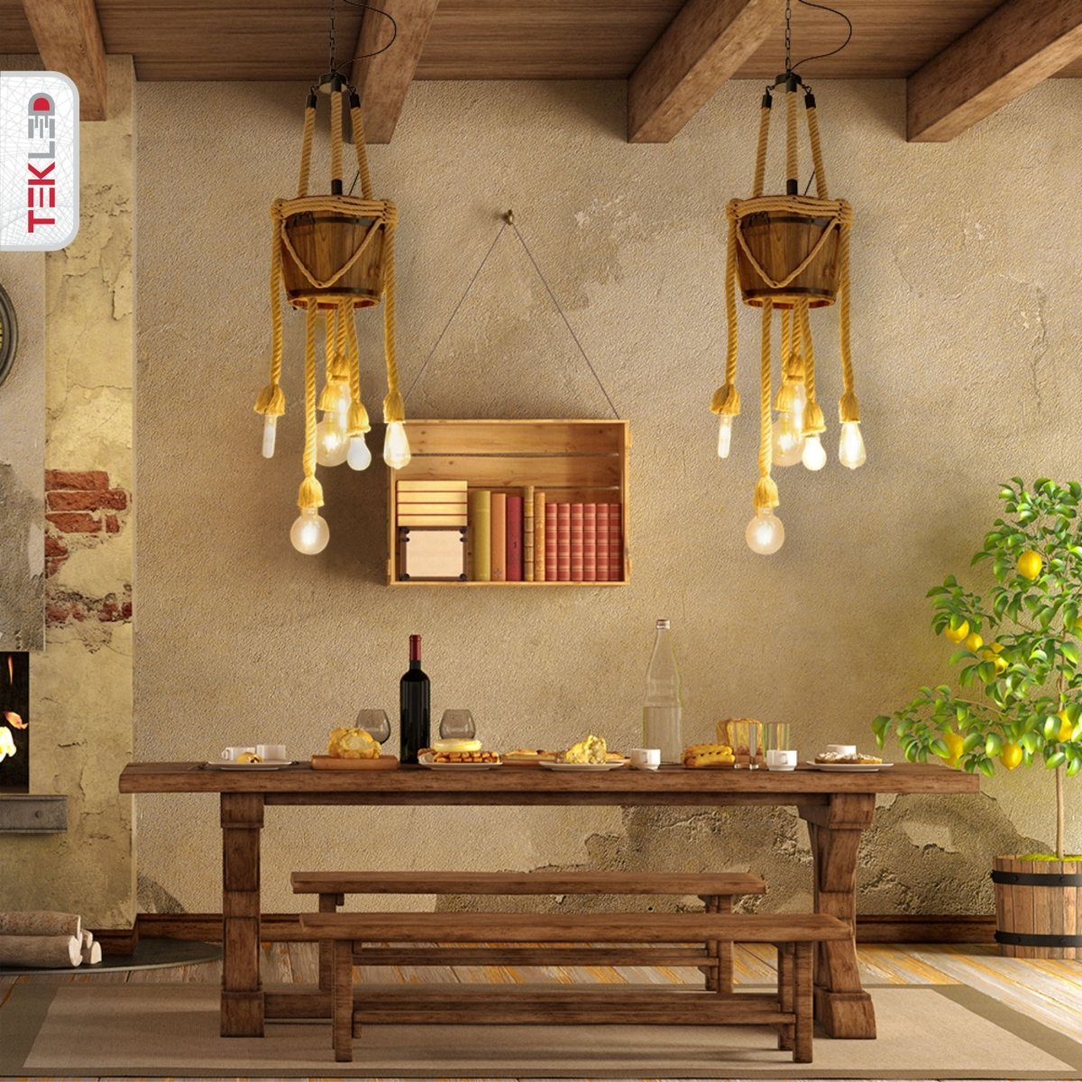 More interior usage of Firewood Basket with 6 Hemp Rope Chandelier E27 Fitting | TEKLED 158-17874