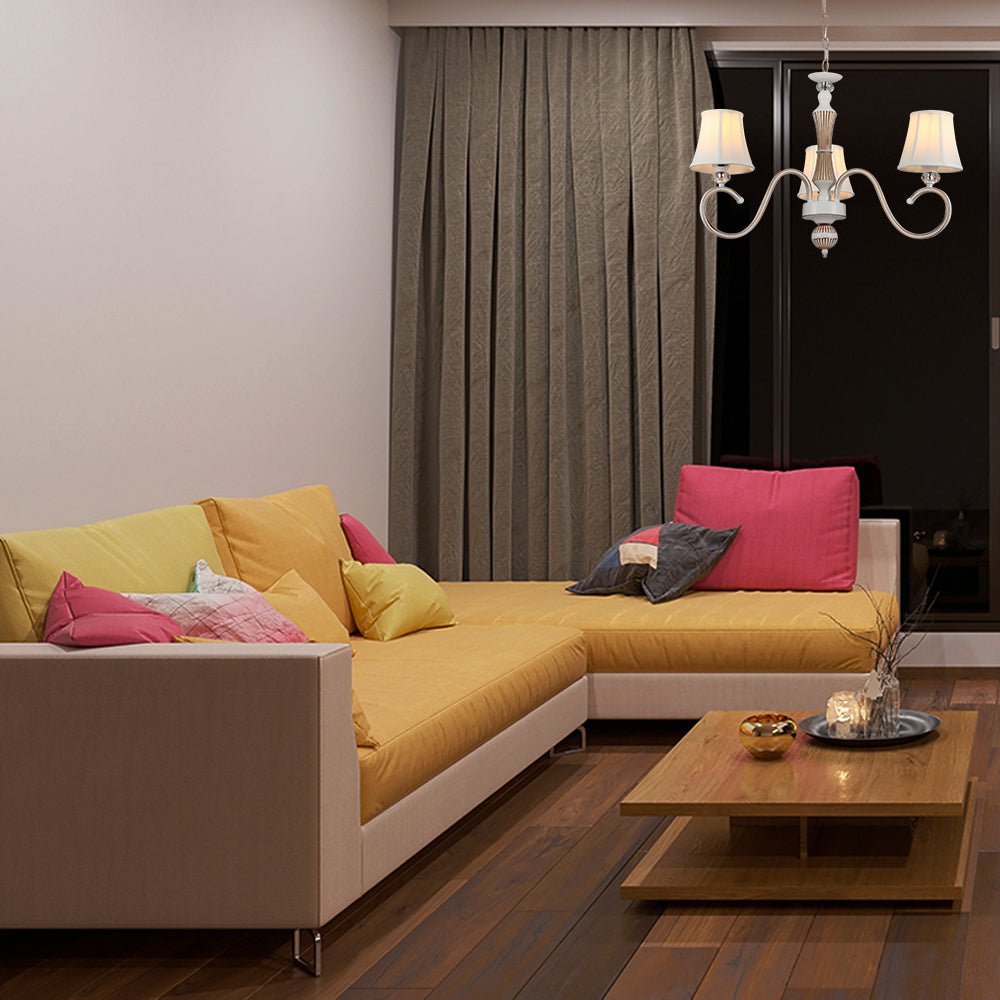 More interior usage of Off White Fabric Shaded Gold Aged Ivory Traditional Retro Vintage Classic Chandelier Ceiling Light with 3xE14 Fitting | TEKLED 159-17834