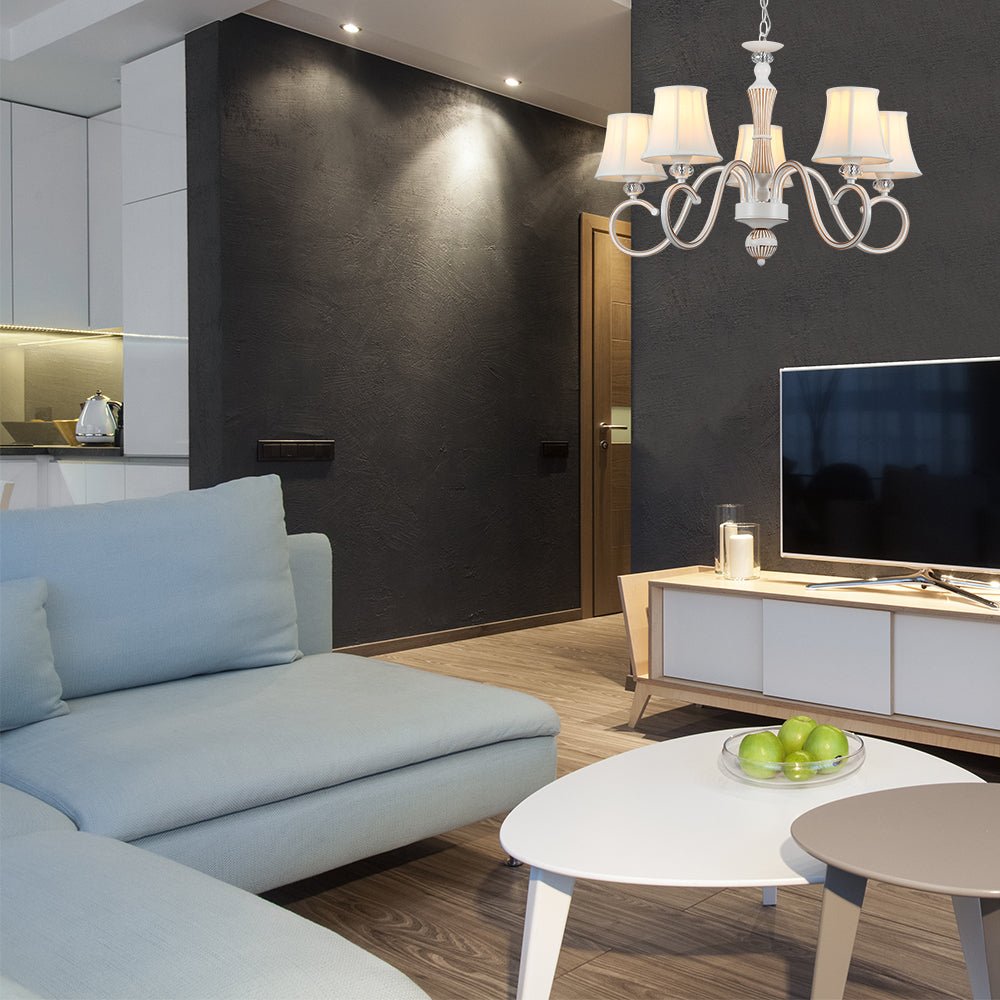 More interior usage of Off White Fabric Shaded Gold Aged Ivory Traditional Retro Vintage Classic Chandelier Ceiling Light with 5xE14 Fitting | TEKLED 159-17836