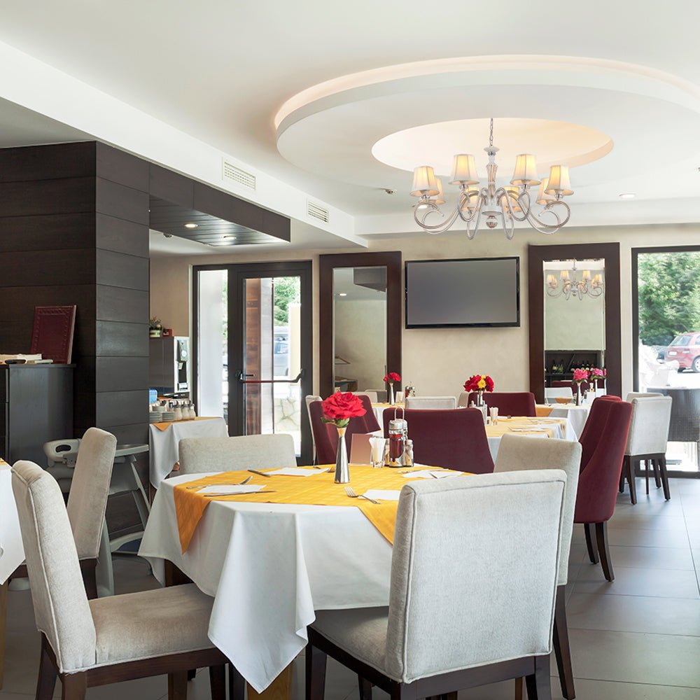 More interior usage of Off White Fabric Shaded Gold Aged Ivory Traditional Retro Vintage Classic Chandelier Ceiling Light with 8xE14 Fitting | TEKLED 159-17838