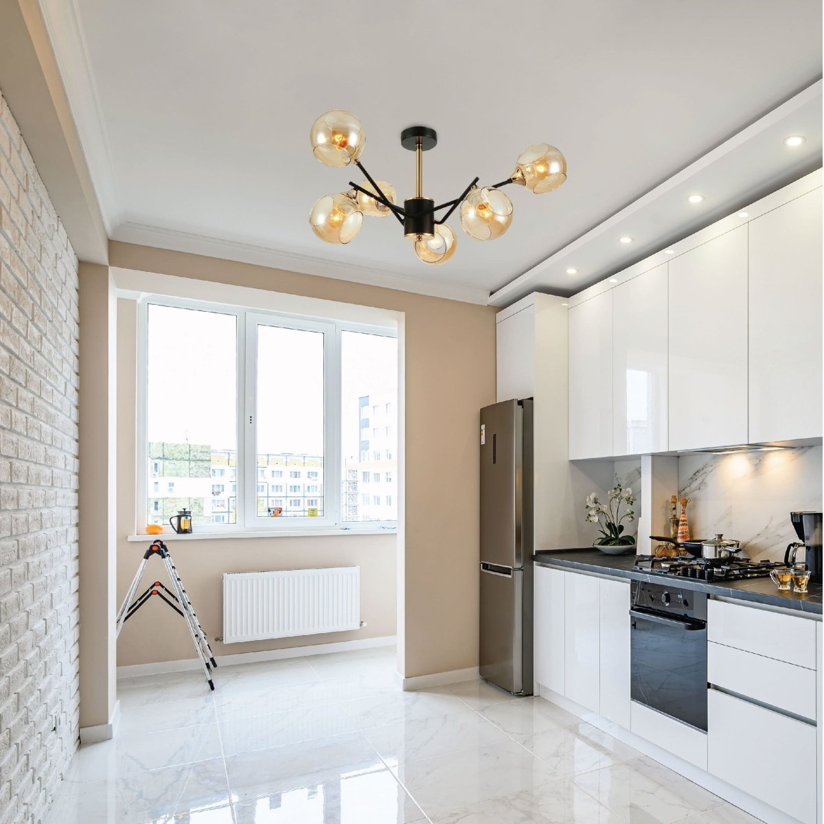 Indoor setting living room, kitchen, bedroom Amber Cut-out Globe Glass Black Gold Metal Sputnik Semi Flush Ceiling Light | TEKLED 159-17196