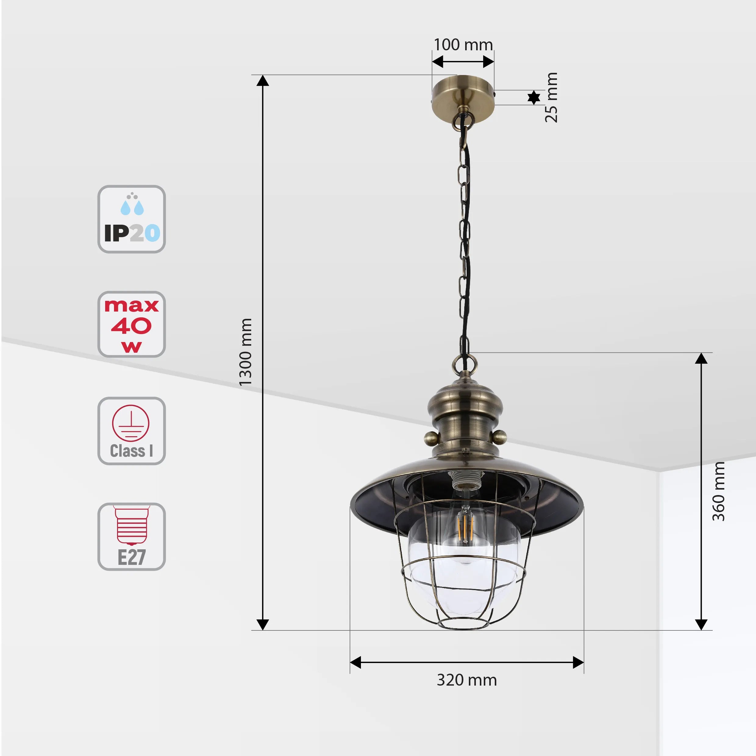 Vintage-style pendant light with an E27 fitting. Perfect for creating a warm and inviting atmosphere in any room.