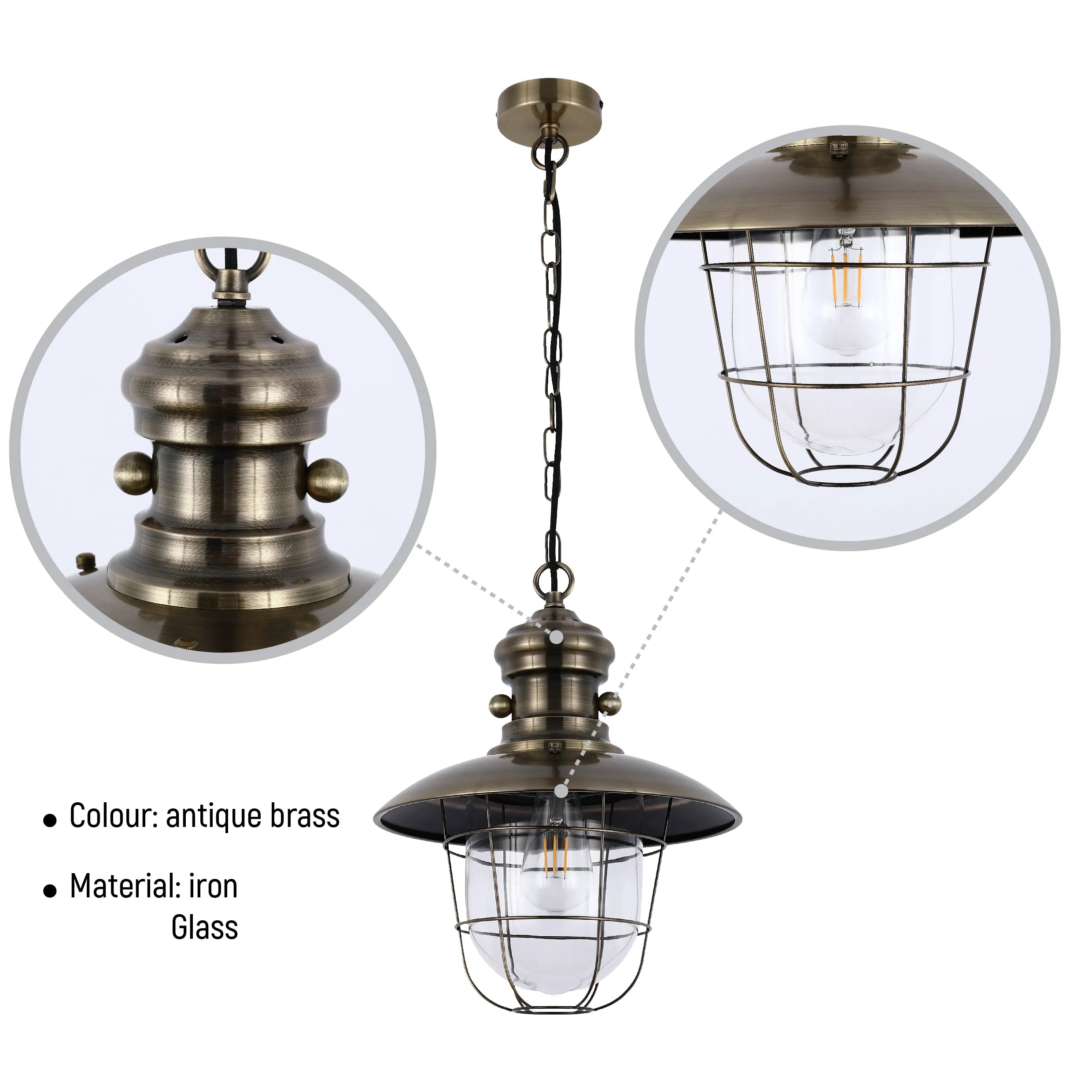Antique brass pendant light with a cage design, hanging from a chain. Offers vintage charm and industrial flair.