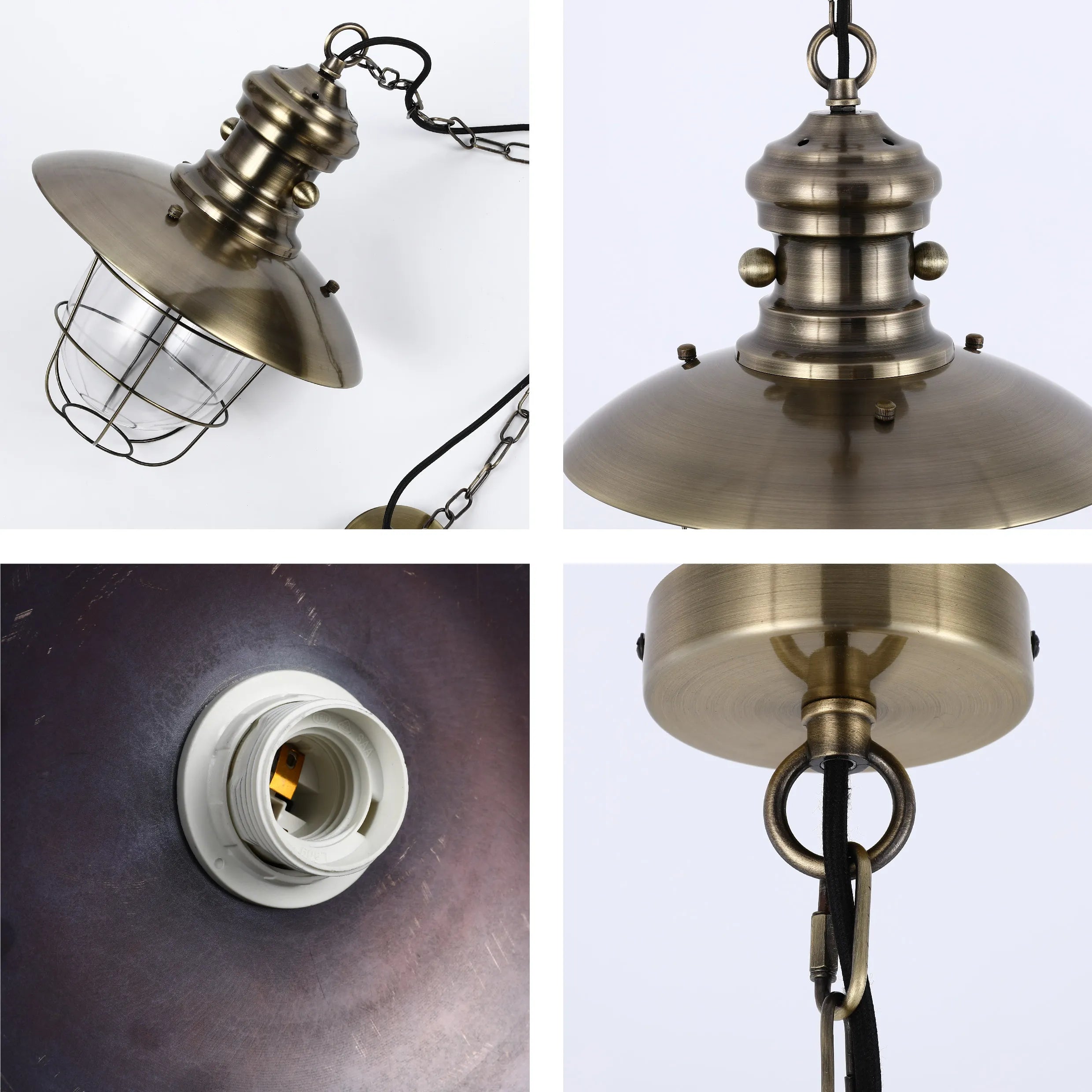 Antique bronze finish pendant light with a caged glass shade, suspended by chain. Close-up views highlight the details.