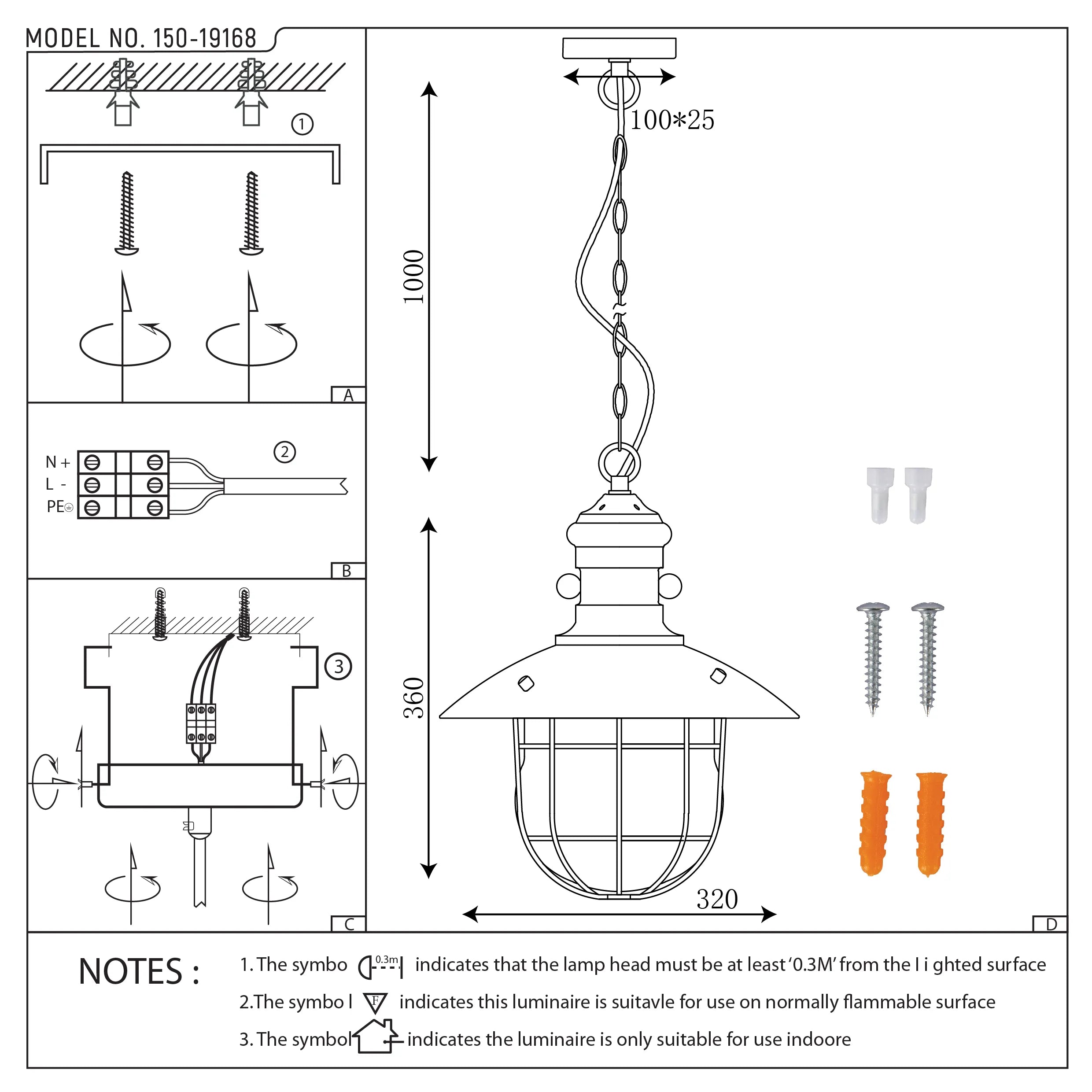 Technical diagram for pendant lighting fixture, showing dimensions, mounting & wiring. Notes on minimum clearance & suitability included.