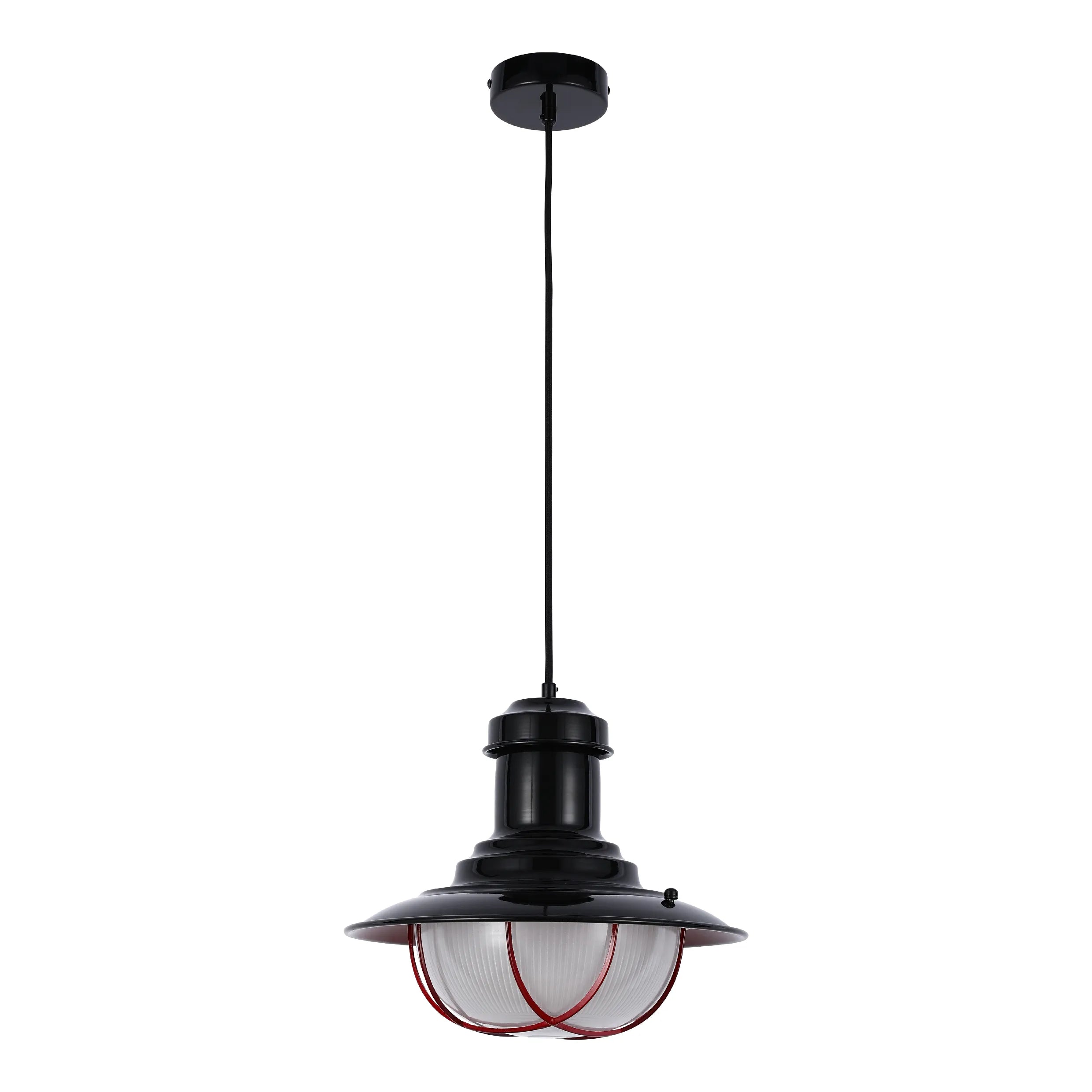 A black industrial pendant light fixture with red cage detailing, suspended from a black ceiling rose.