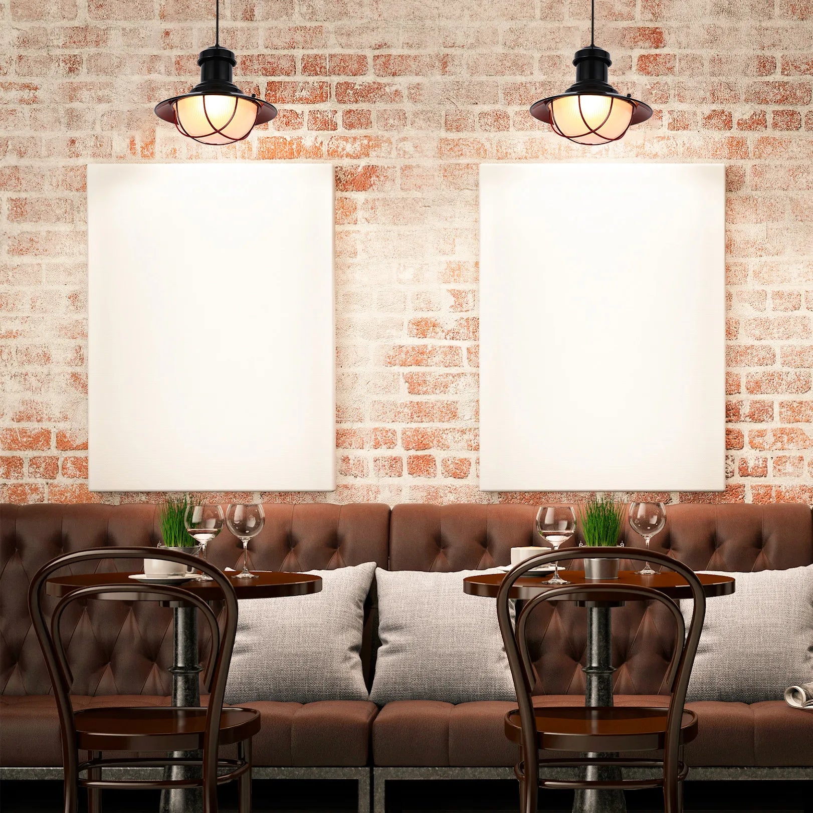 Ambient lighting from two industrial pendant lights hangs above tables set for two, enhancing the warm, inviting pub setting.