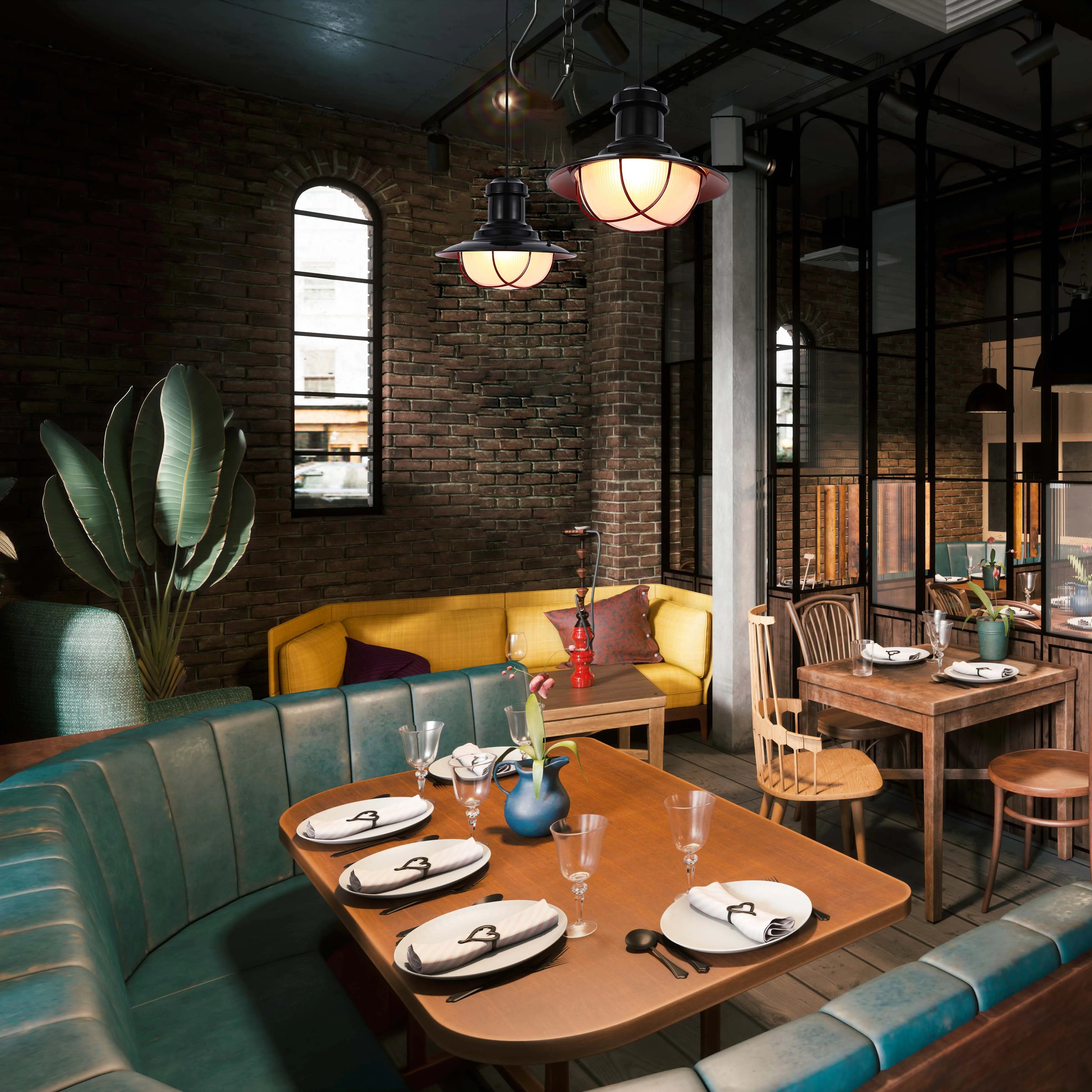 Stylish pendant lights illuminate a cosy restaurant, with warm lighting creating an inviting atmosphere.