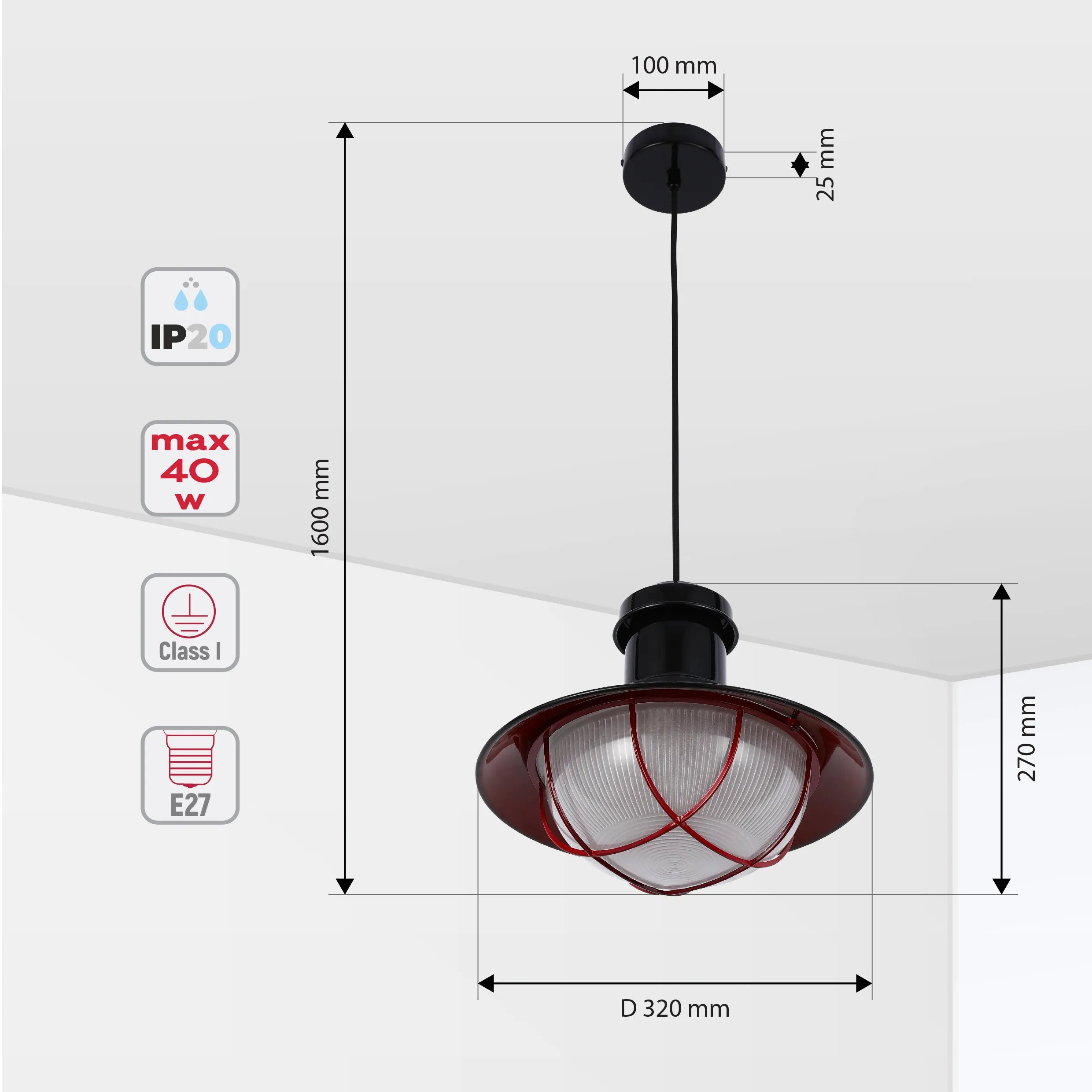 Hanging pendant light fixture in black and dark red, industrial style with dimensions. E27 fitting, IP20 rated, Class 1.