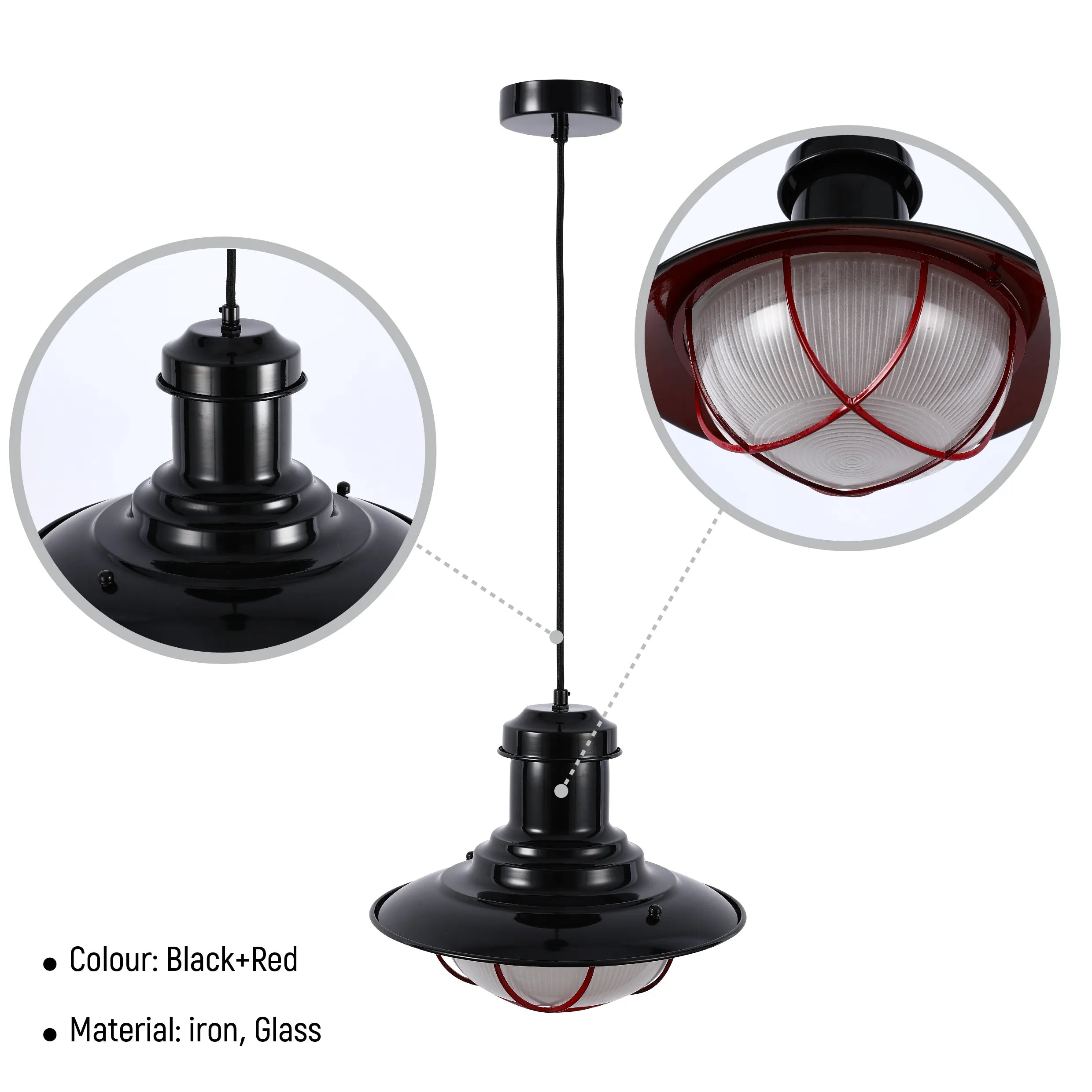 Black and red industrial pendant light with iron frame and glass shade. A modern take on vintage lighting.