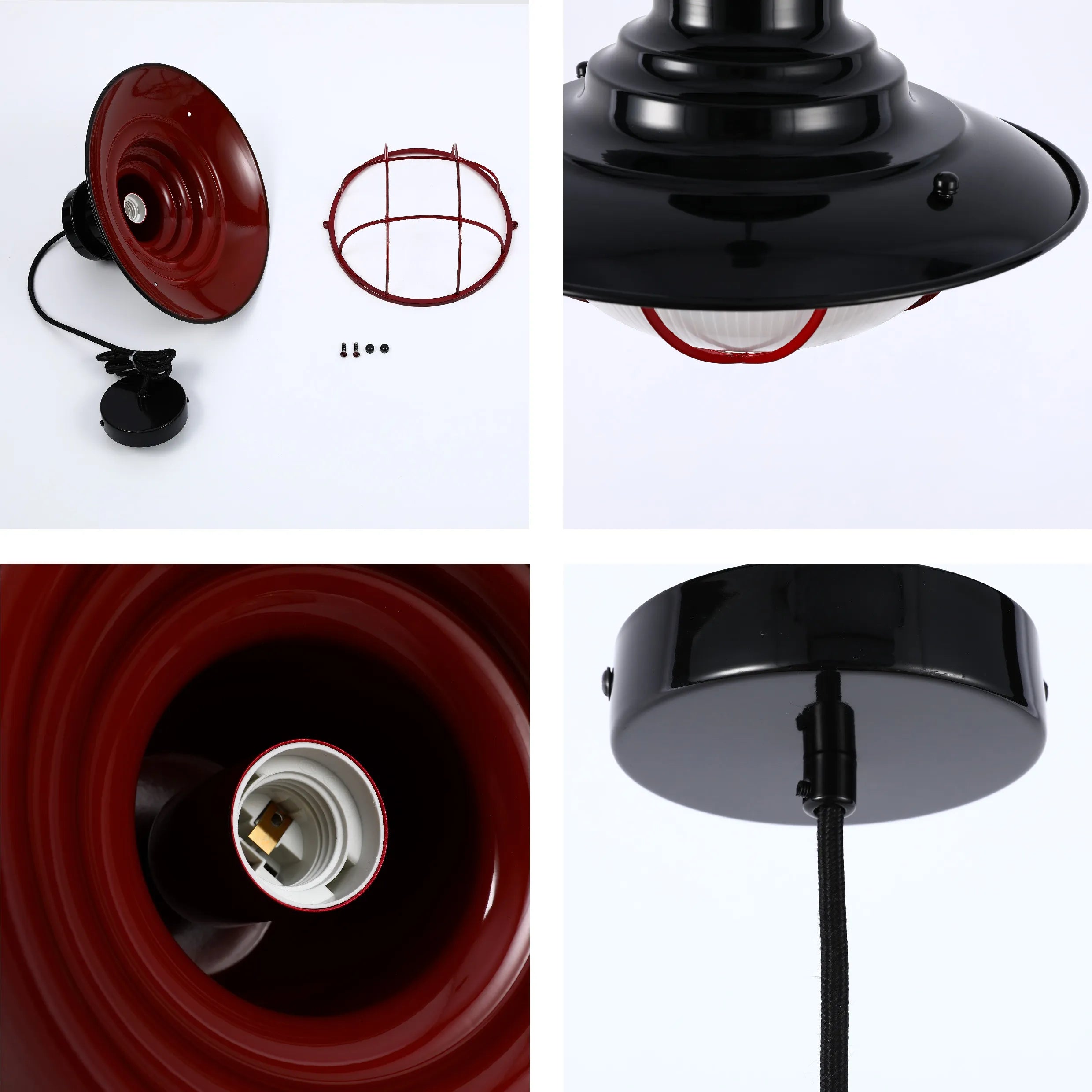 A stylish red and black industrial pendant light. Includes guard, shade, bulb fixture and wire. Great for adding a vintage, rustic vibe.