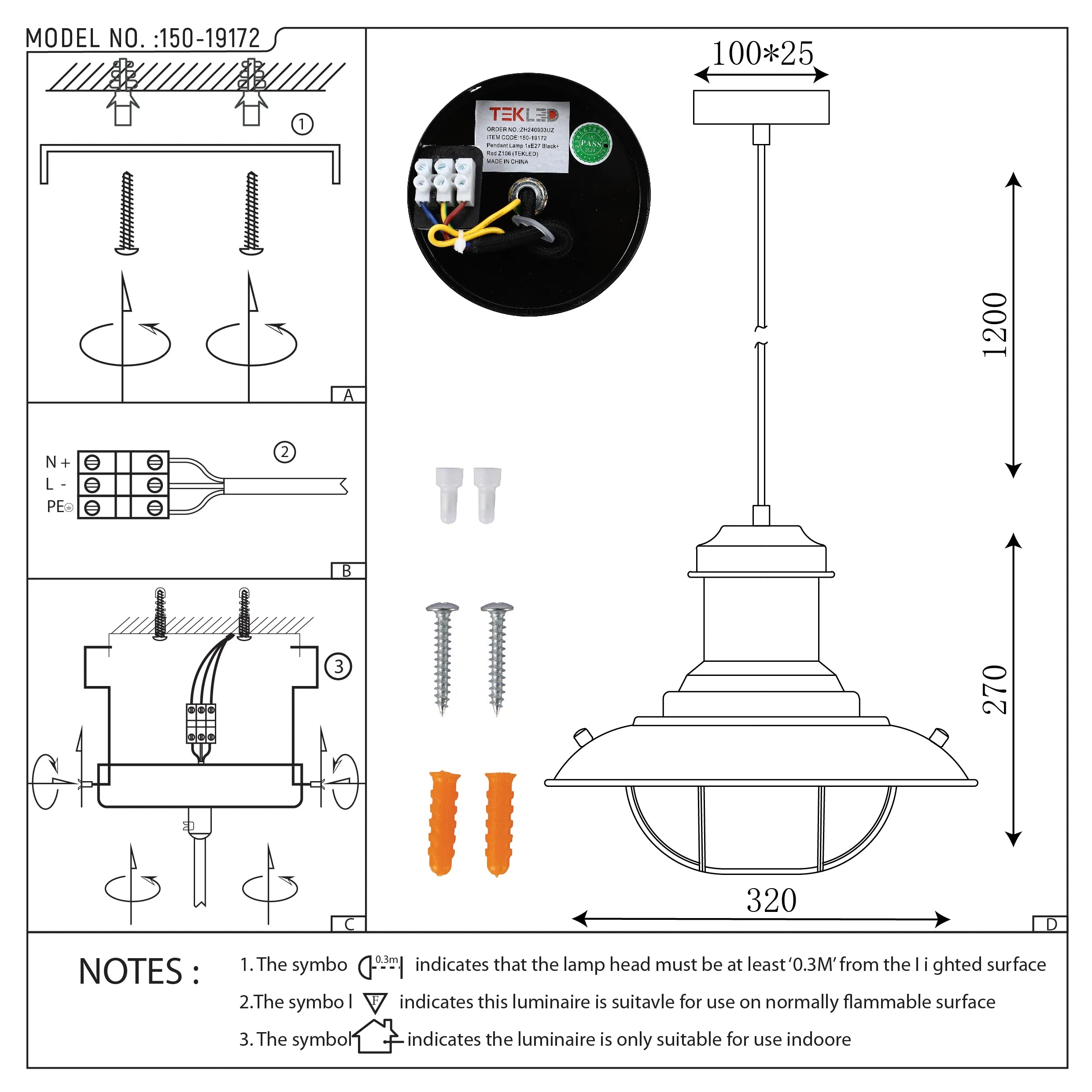 Technical drawing of a pendant light, showing dimensions and installation instructions. Black fixture with a cage shade.