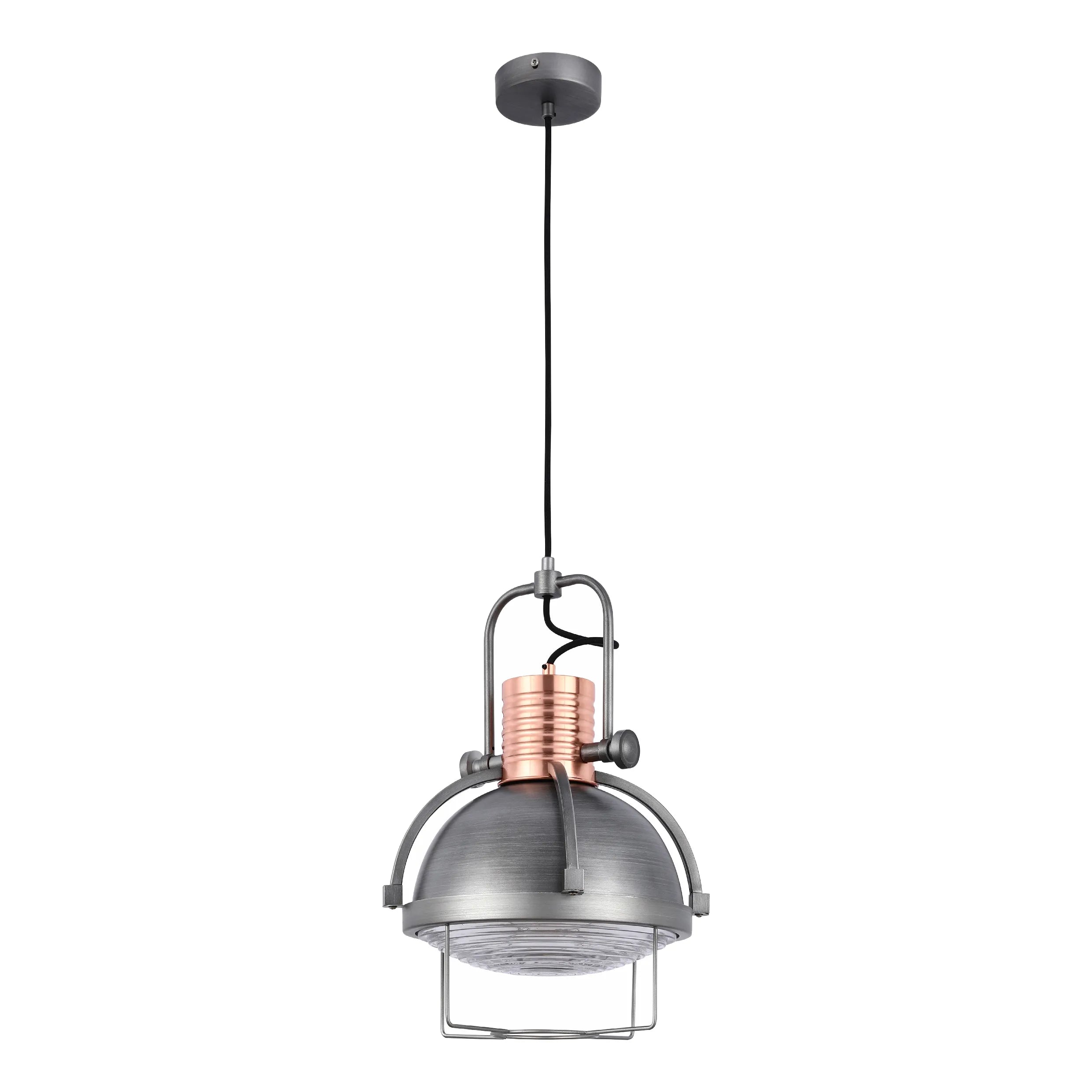 Industrial style pendant light with a copper detail and a metal cage, suspended from a black cable.