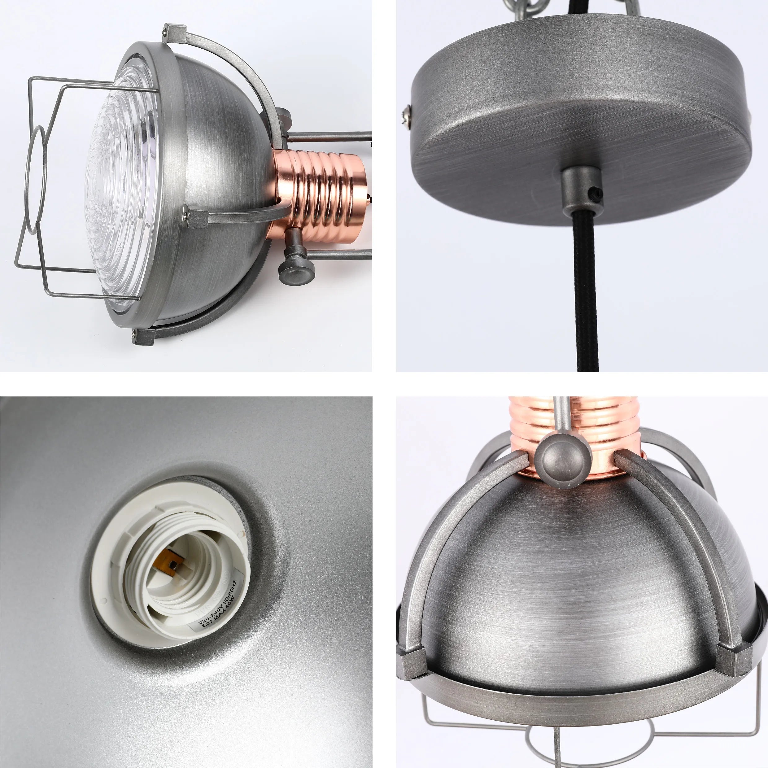 Industrial-style pendant light with a weathered silver finish and copper accents. Cage surround and clear lens. Ceiling rose included.