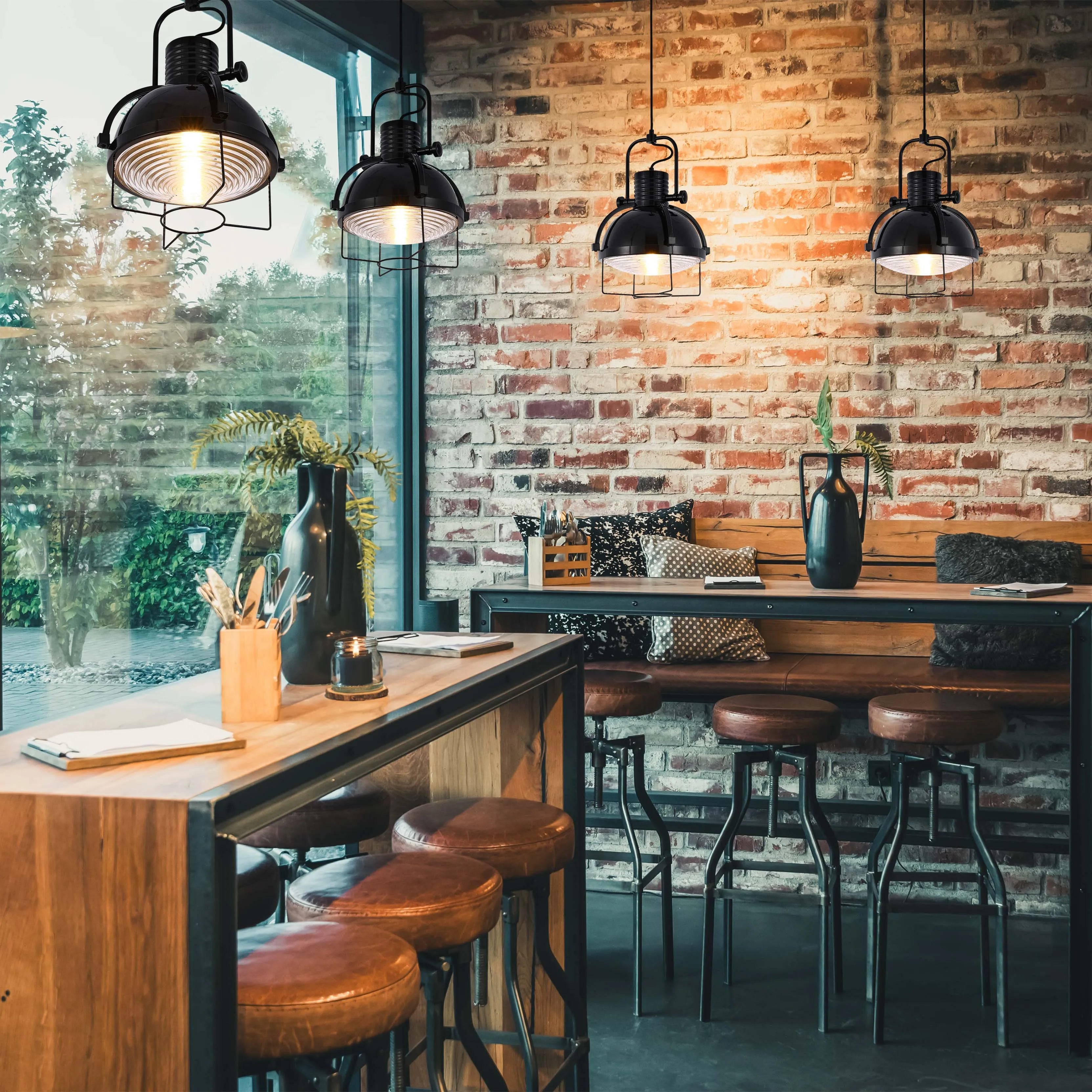 Industrial Dome Pendant Light with Caged Textured Glass