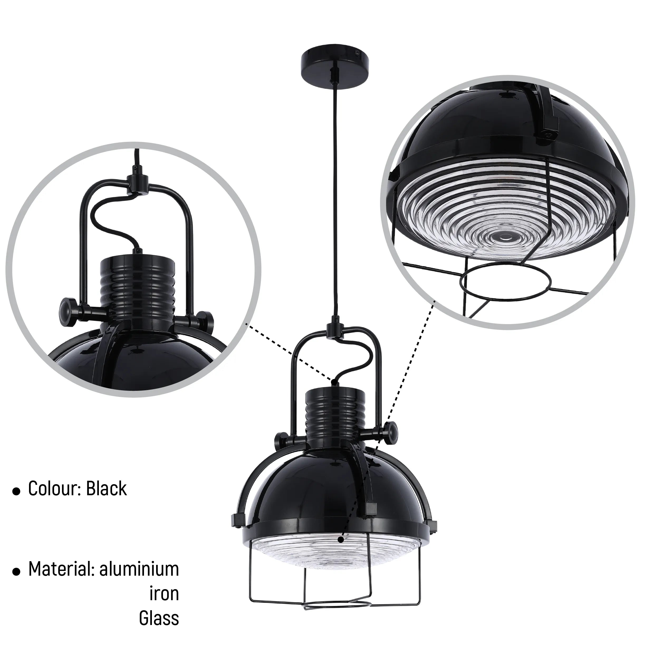 Industrial Dome Pendant Light with Caged Textured Glass