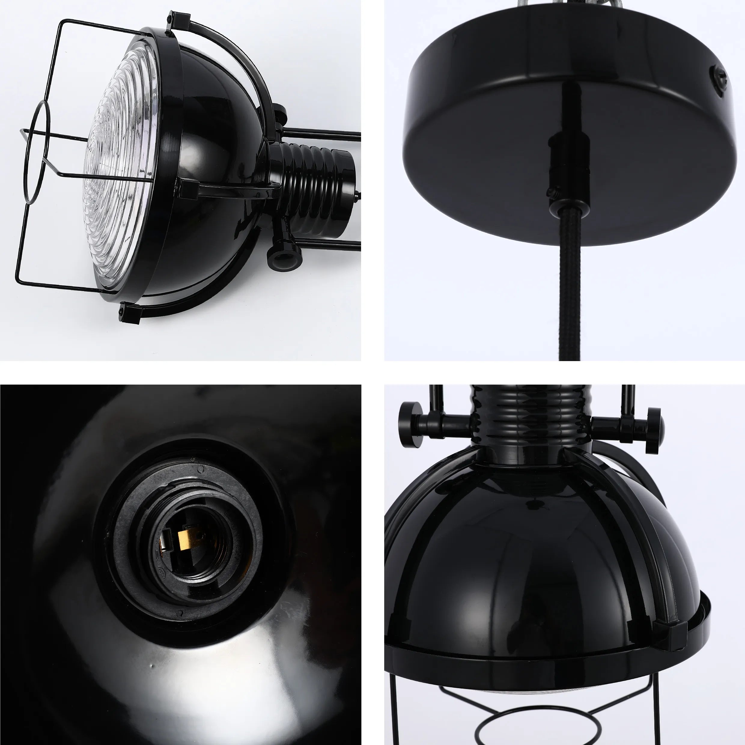 Industrial Dome Pendant Light with Caged Textured Glass