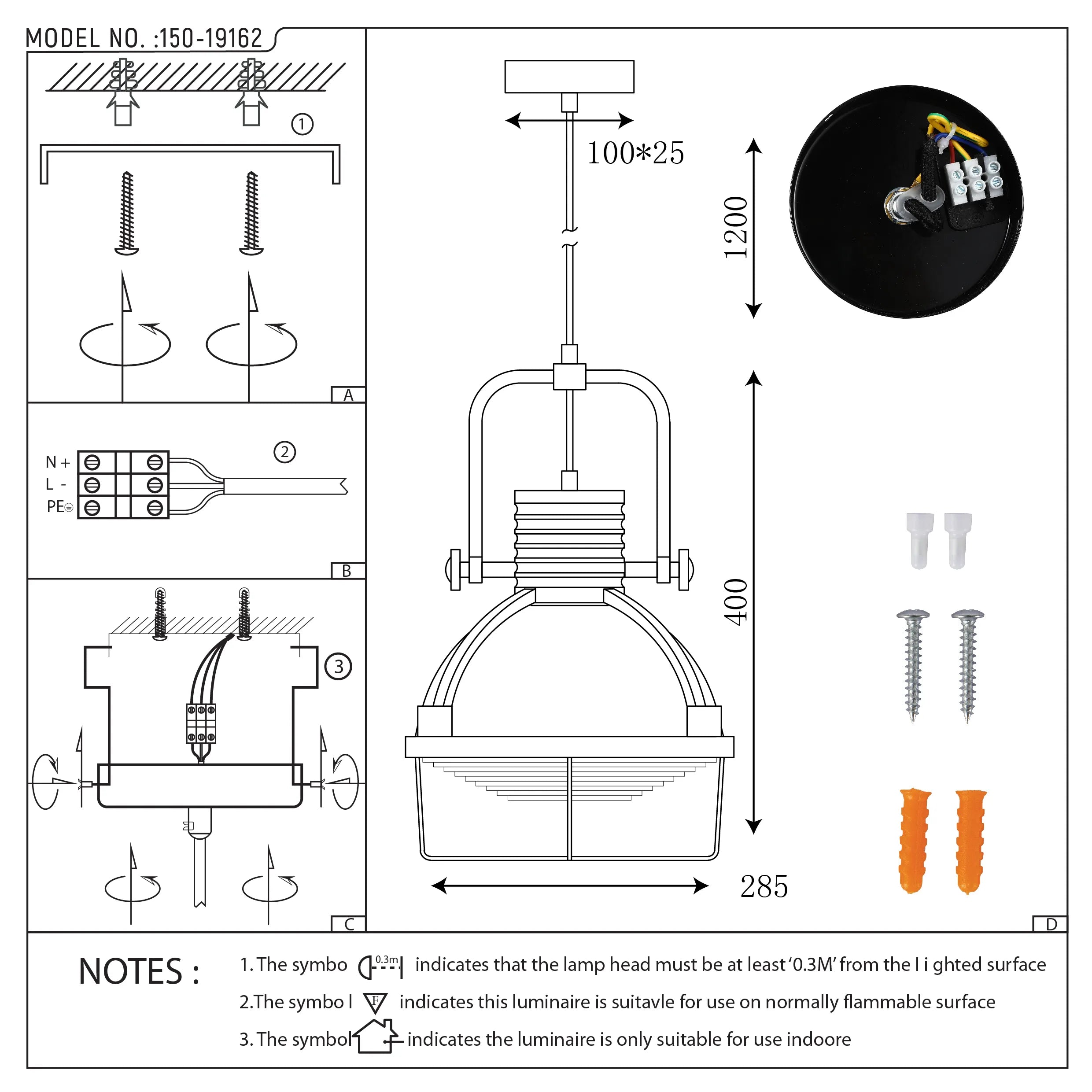 Technical drawing of a pendant light fixture, showing dimensions and wiring. Includes screws and wall plugs for mounting.
