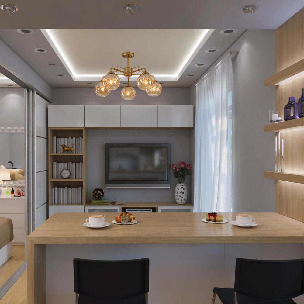 Indoor usage of Amber Reeded Globe Glass Gold Metal Industrial Vintage Retro Semi Flush Ceiling Light with E27 Fittings | TEKLED 159-17654