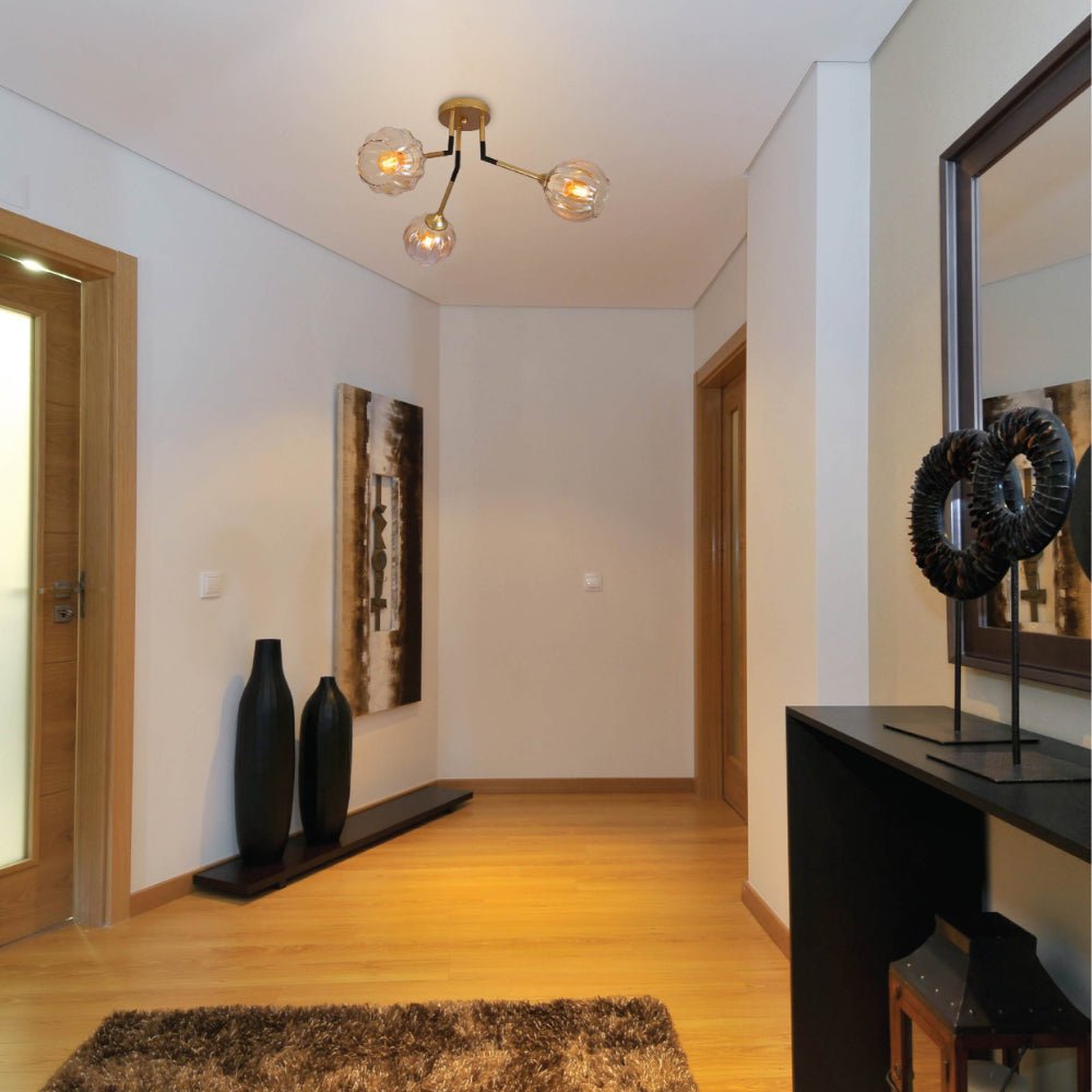 Indoor usage of Amber Reeded Globe Glass Gold Metal Vintage Retro Semi Flush Ceiling Light with E27 Fittings | TEKLED 159-17660