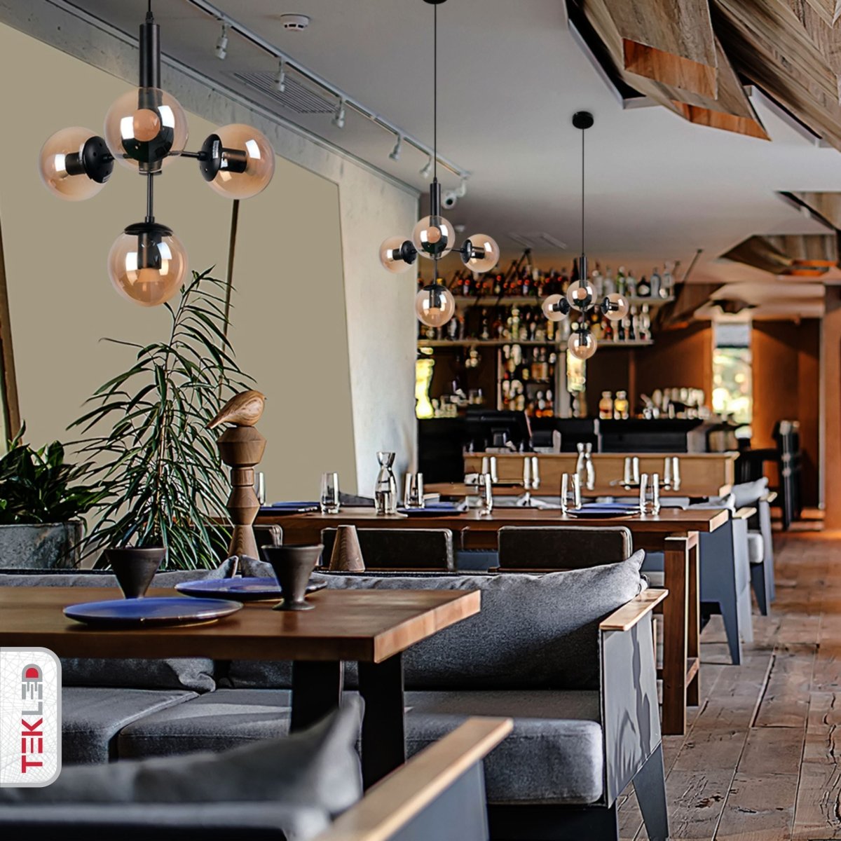 Indoor usage of Atom Model Amber Globe Glass Black Metal Body Chandelier with 4xE27 Fittings | TEKLED 159-17406