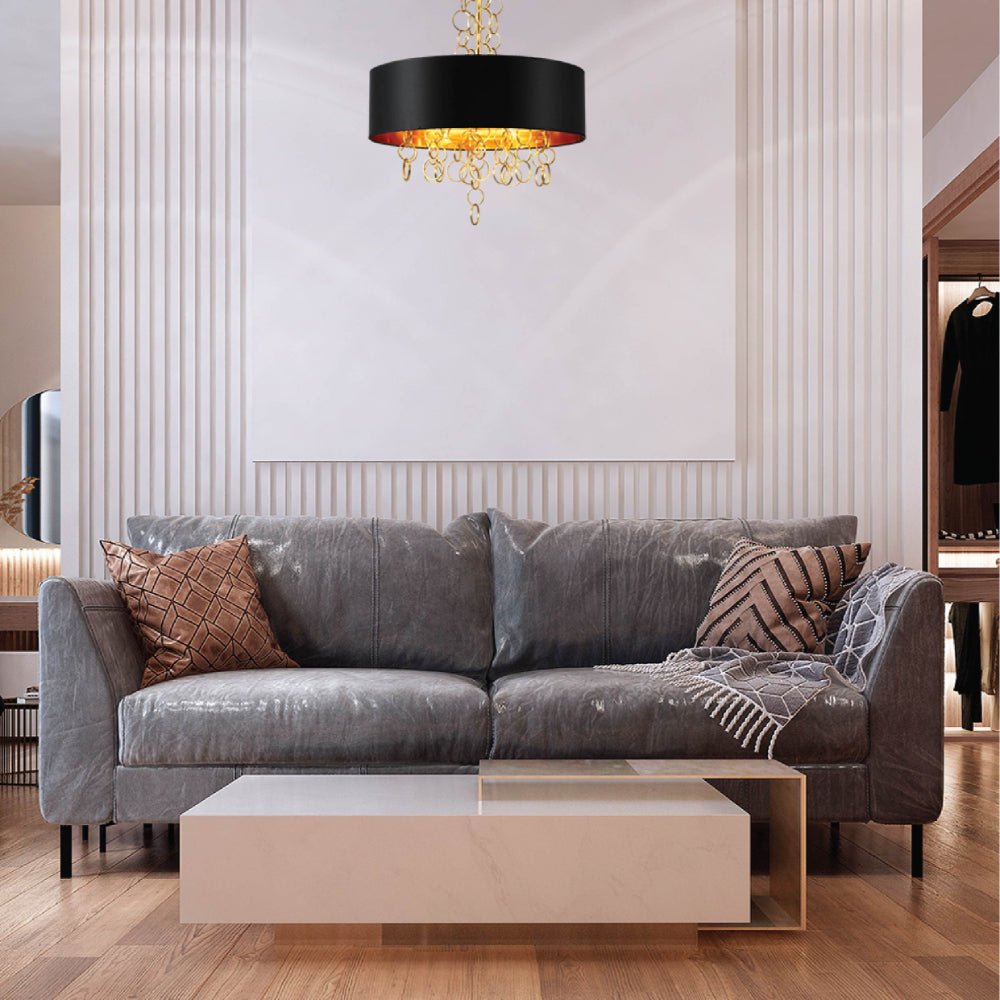 Indoor usage of Black Copper Fabric Drum Shade Gold Ring Chandelier Ceiling Light with 4xE14 Fittings | TEKLED 158-19622