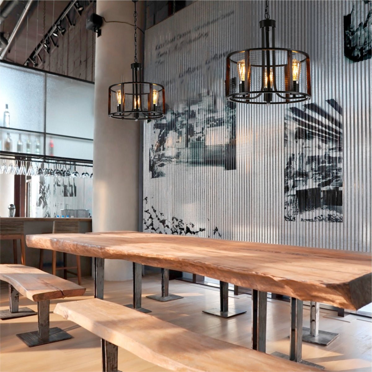 Indoor usage of Black Metal Natural Wood Cylinder Cage Pendant Ceiling Light with 3xE27 | TEKLED 156-19530