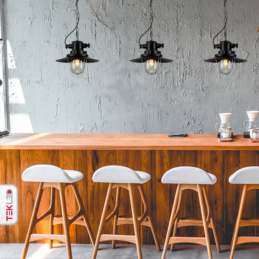Indoor usage of Black Nautical Industrial Caged Flat Shade Glass Metal Ceiling Pendant Light with E27 Fitting | TEKLED 150-18366