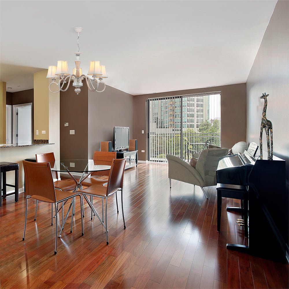 Indoor usage of Off White Fabric Shaded Gold Aged Ivory Traditional Retro Vintage Classic Chandelier Ceiling Light with 5xE14 Fitting | TEKLED 159-17836