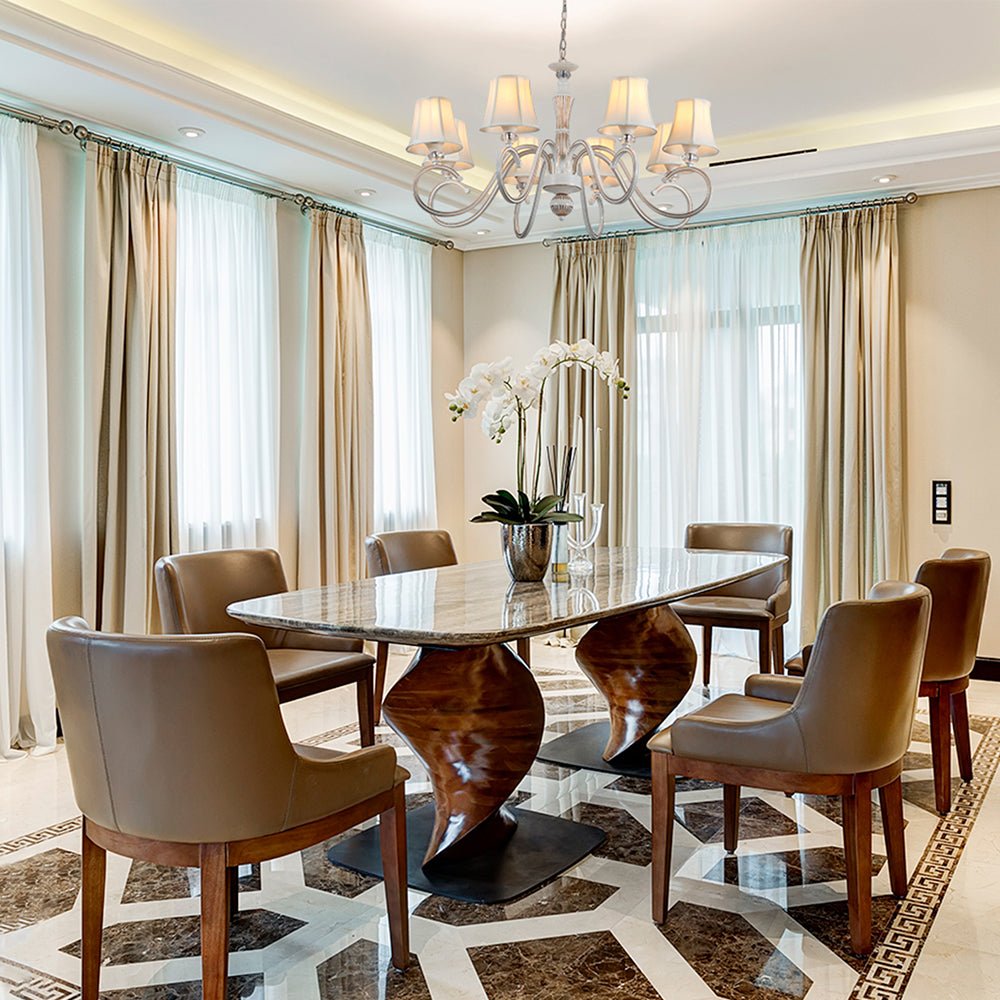 Indoor usage of Off White Fabric Shaded Gold Aged Ivory Traditional Retro Vintage Classic Chandelier Ceiling Light with 8xE14 Fitting | TEKLED 159-17838