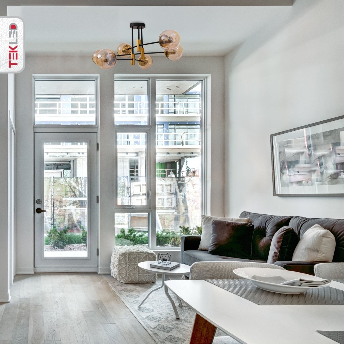 Interior application of Amber Glass Globe Gold and Black Metal Semi Flush Ceiling Light with 6xE27 Fitting | TEKLED 159-17428