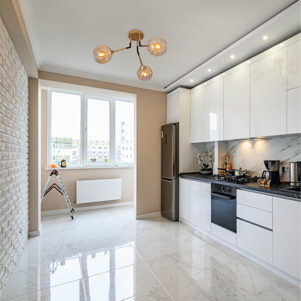 Interior application of Amber Reeded Globe Glass Gold Metal Vintage Retro Semi Flush Ceiling Light with E27 Fittings | TEKLED 159-17660