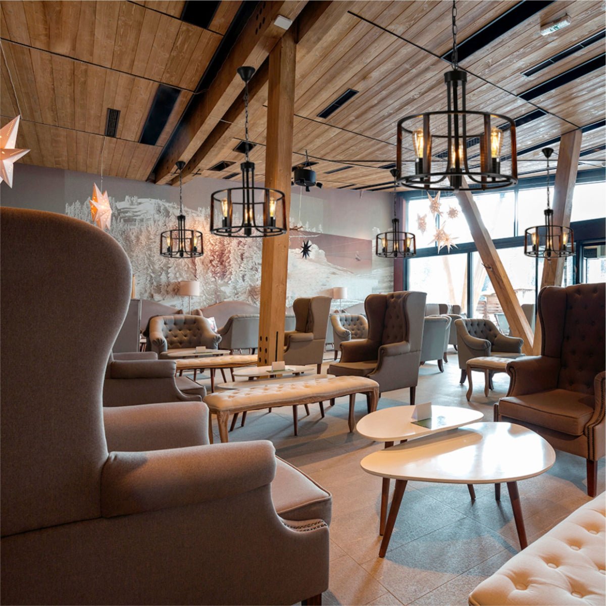 Interior application of Black Metal Natural Wood Cylinder Cage Pendant Ceiling Light with 3xE27 | TEKLED 156-19530