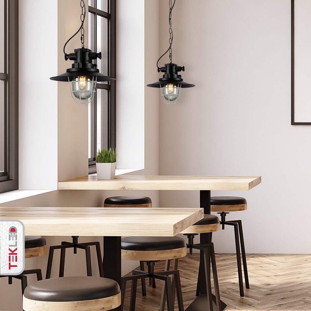 Interior application of Black Nautical Industrial Caged Flat Shade Glass Metal Ceiling Pendant Light with E27 Fitting | TEKLED 150-18366