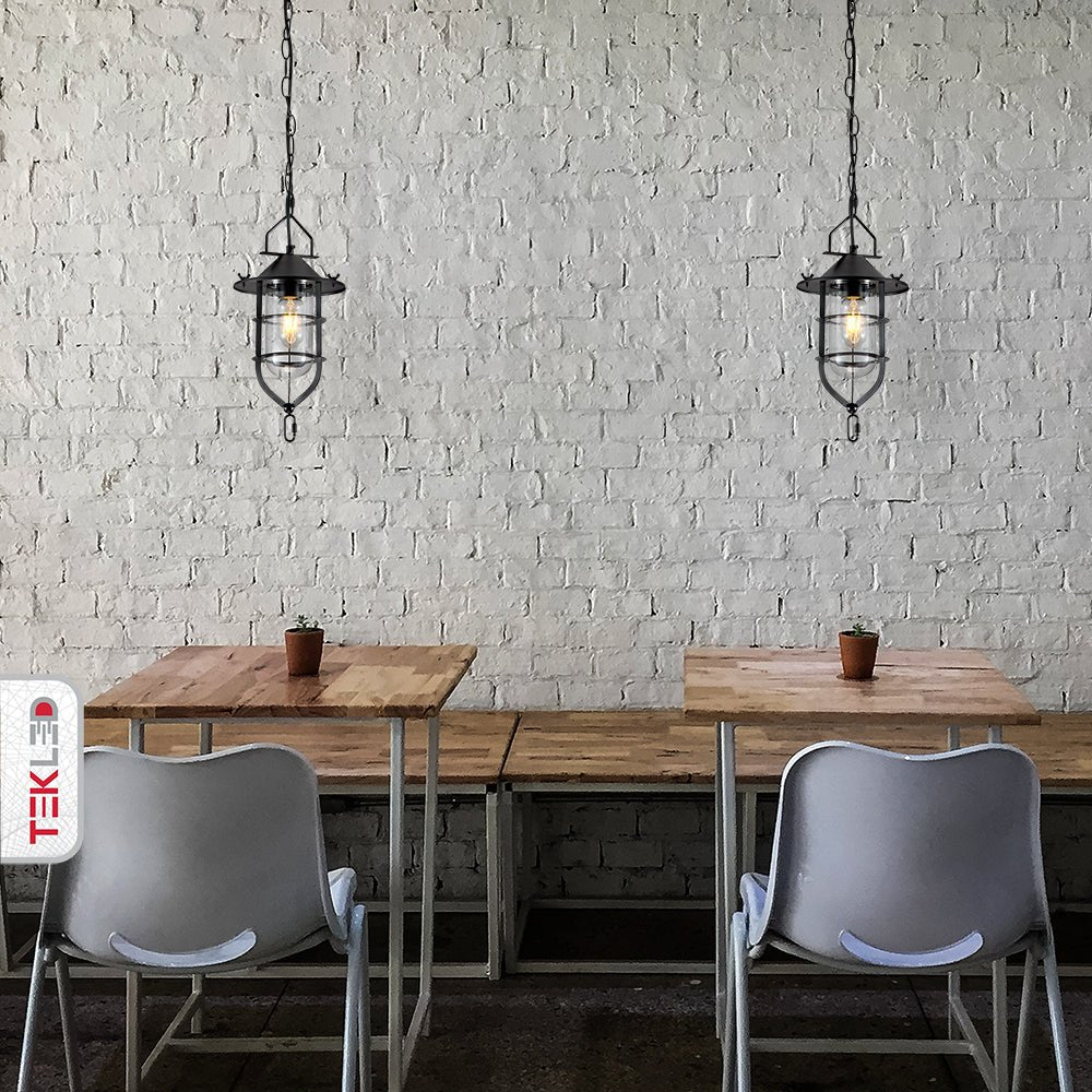 Interior application of Black Nautical Industrial Caged Flat Shade Small Glass Metal Ceiling Pendant Light with E27 Fitting | TEKLED 150-18370