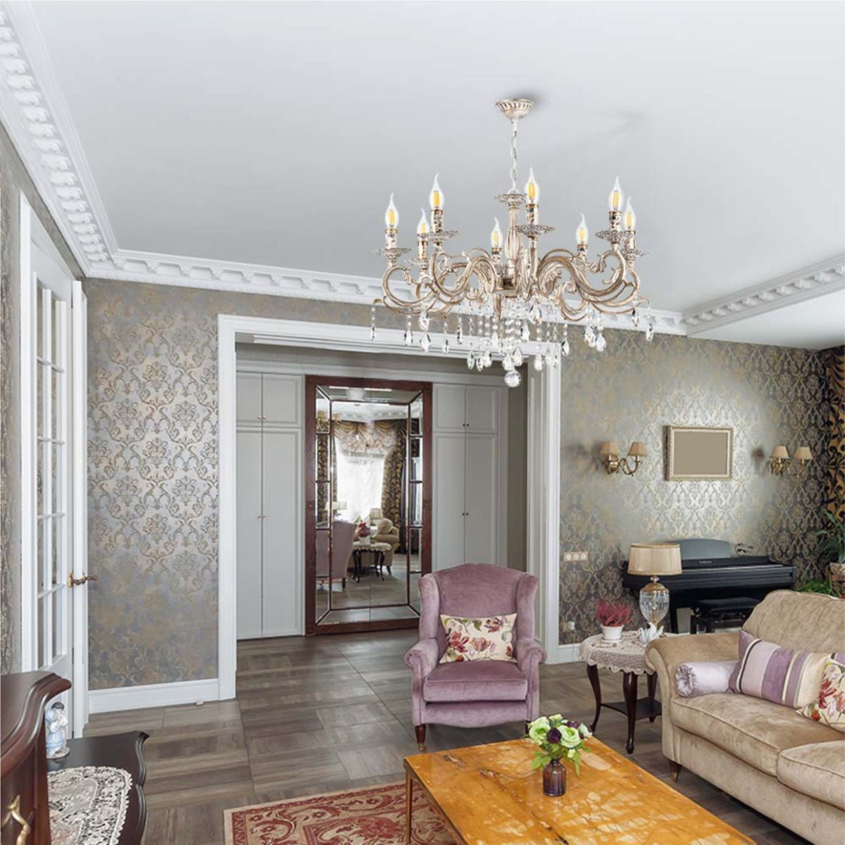 Interior application of Candle Waterfall Traditional Retro Vintage 8 Arm Chandelier Ceiling Light Crystal Gold Aged Cream 8xE14 | TEKLED 159-17826