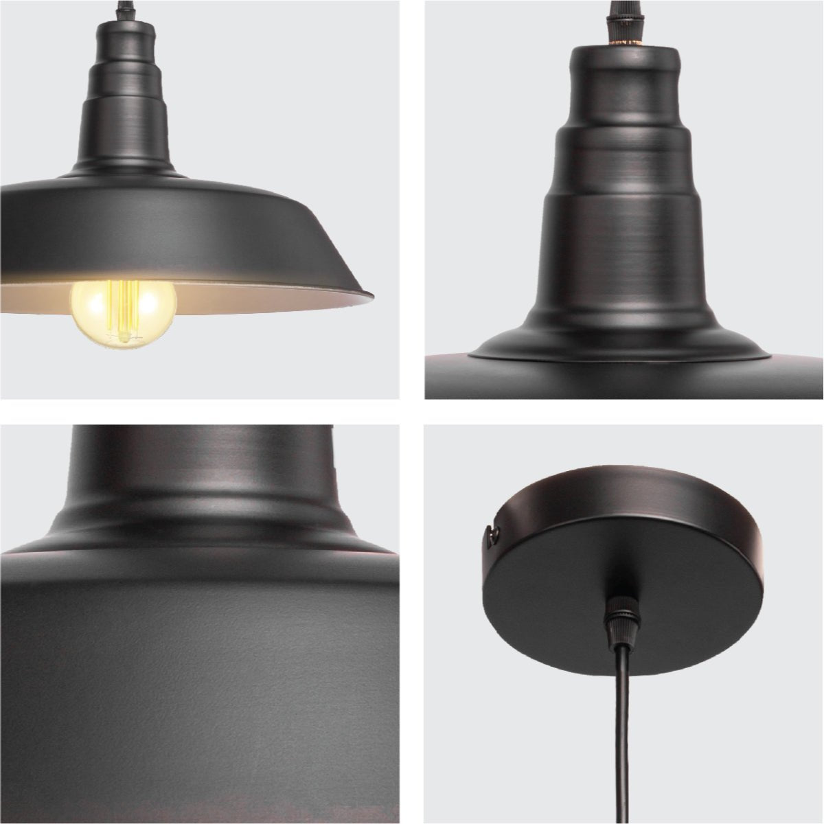 Close up views of an industrial-style pendant light with a black metal shade and a glowing bulb.