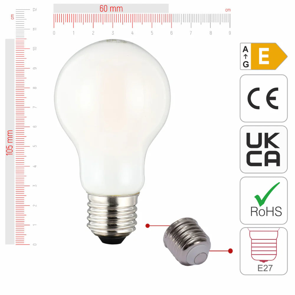 size of 2 pack of a60 gls milky glass 6.5w warm white 2700k led bulbs