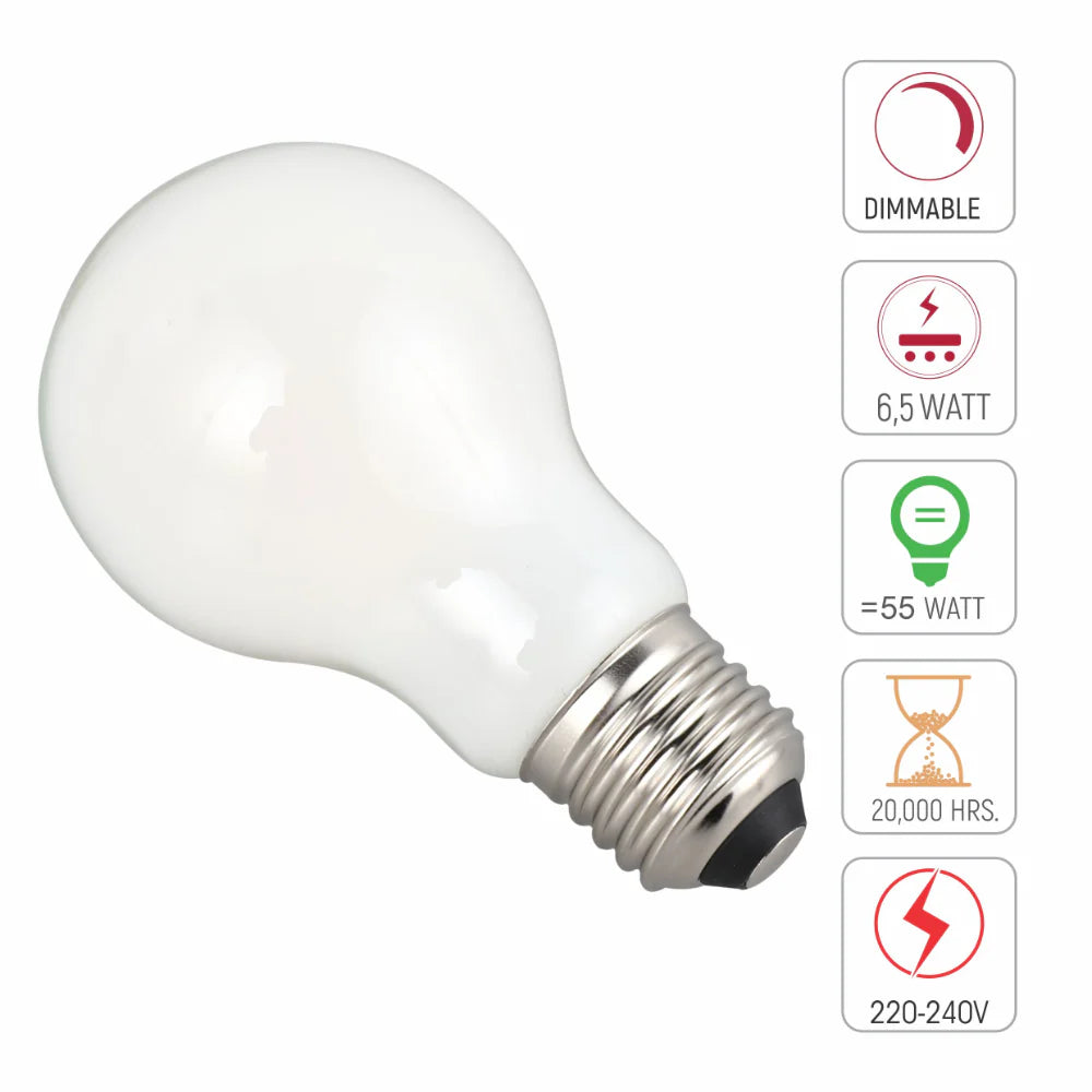 technical specs of 2 pack of a60 gls milky glass 6.5w warm white 2700k led bulbs