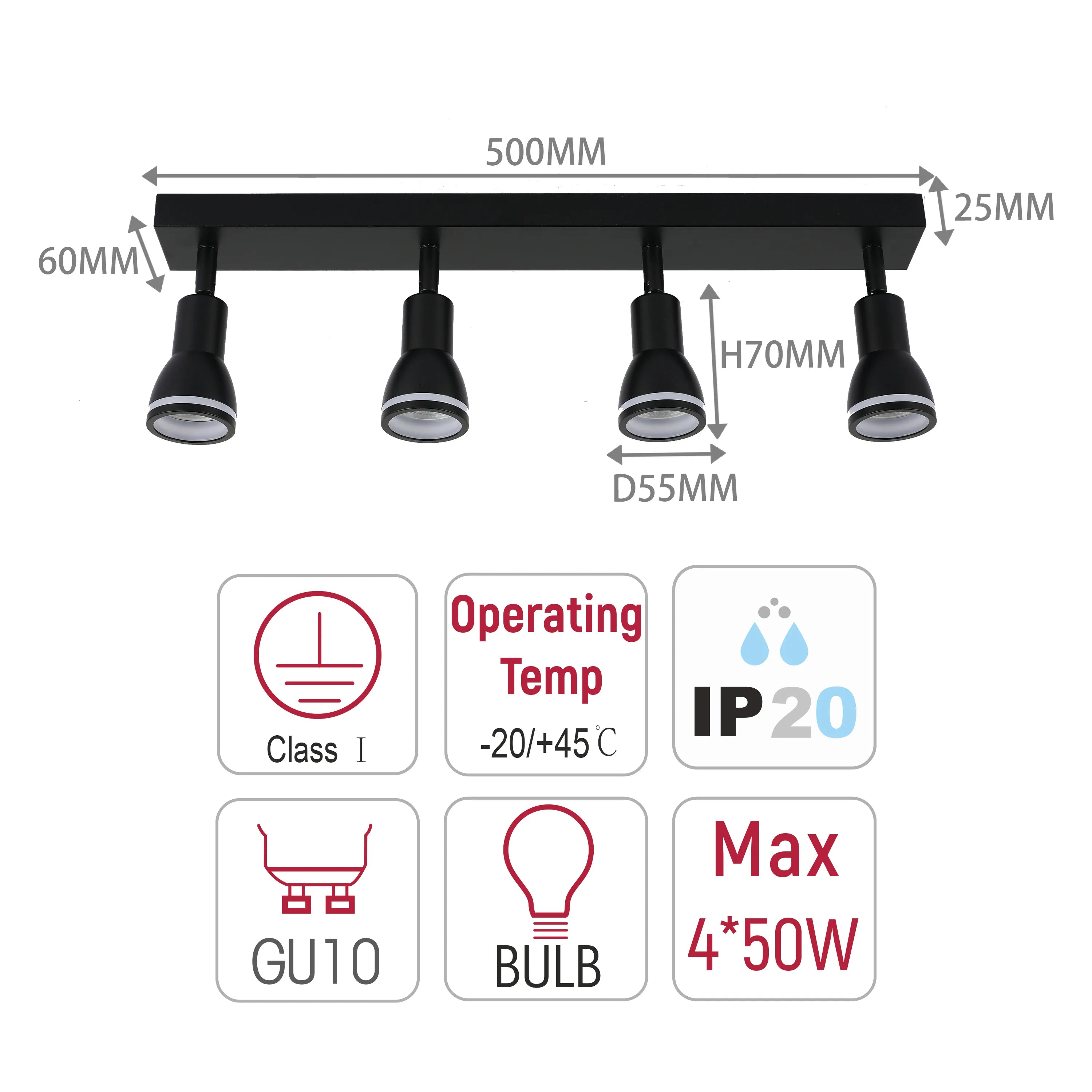 Black, four-bulb spotlight bar featuring dimensions, operating temp, GU10, and IP20 rating icons.
