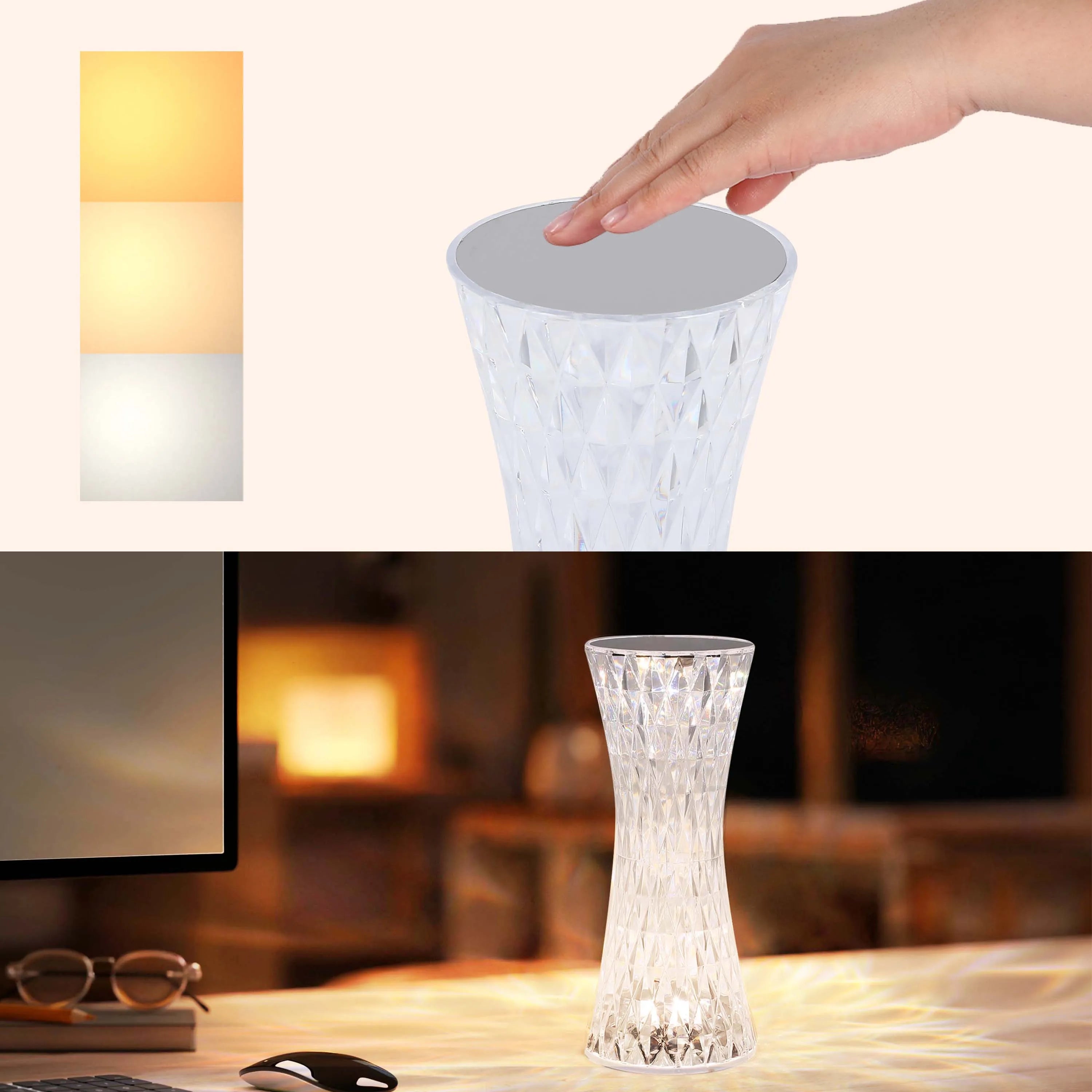 Crystal table lamp with adjustable brightness. It features warm light, cool light, and daylight options.