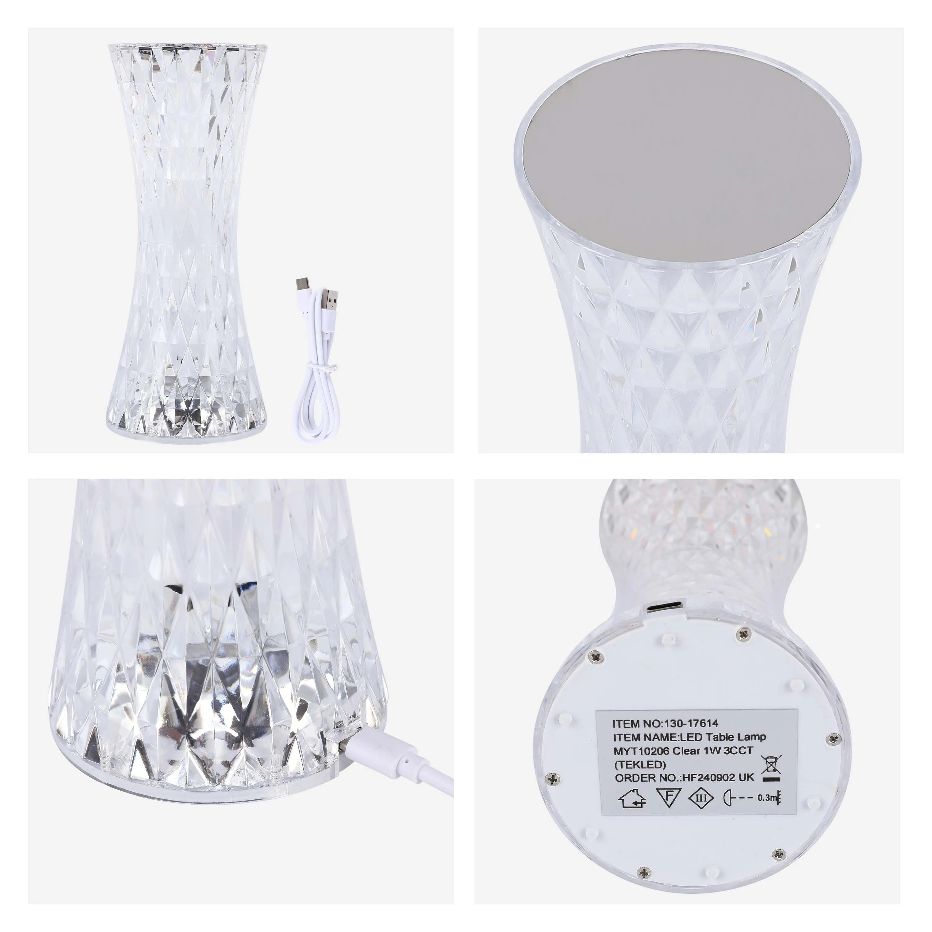 A modern, faceted crystal table lamp, with accompanying USB charging cable, and base detail close-ups.