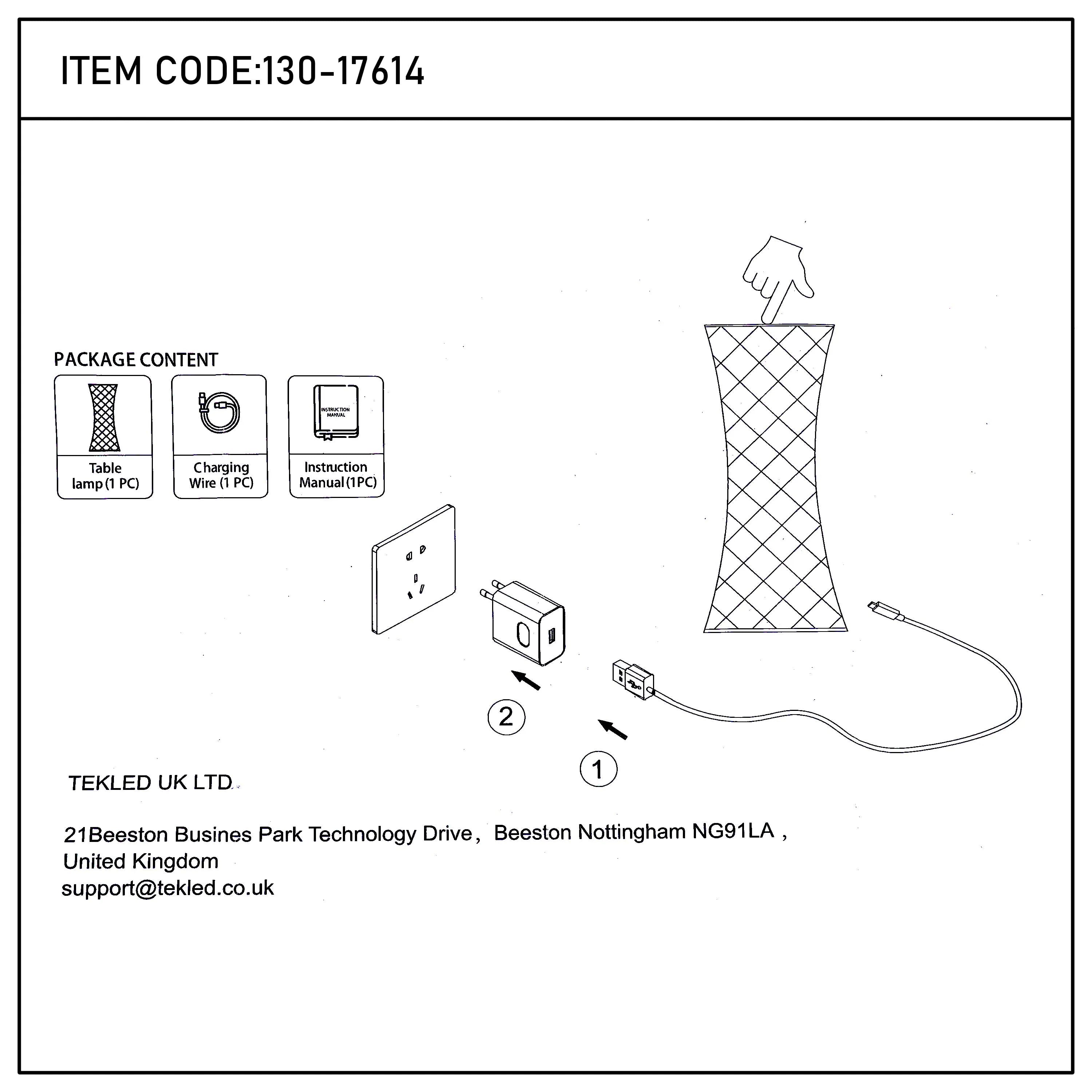 Image shows a lamp, charging wire, and instruction manual. Also an illustration of the charging process for the lamp.