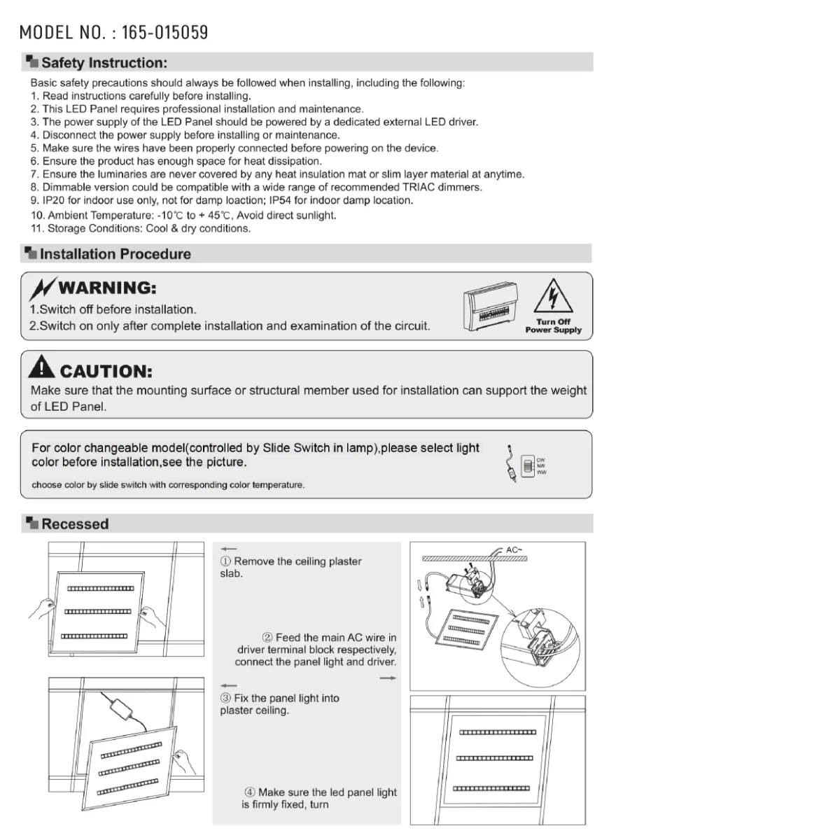 Technical specs of LuminEssence OfficePro Anti Glare Laser LED Panel Light 40W 4000lm Low UGR 600x600 3CCT 165-015059