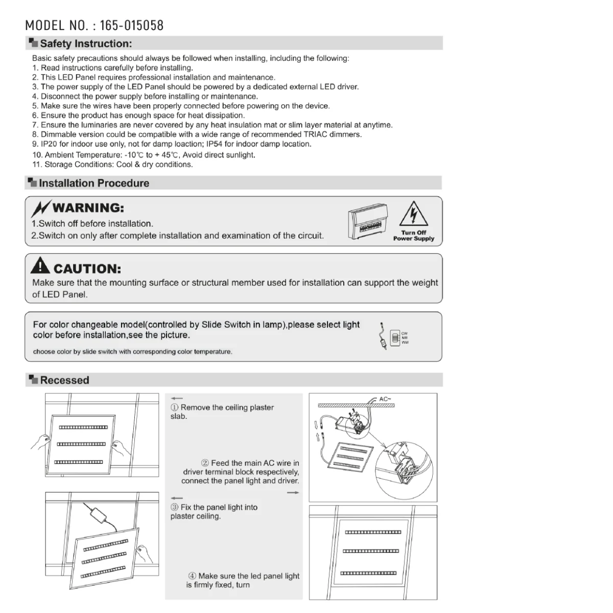 Technical specs of LuminEssence OfficePro LED Panel Light 40W 4000lm 600x600 3CCT 165-015058