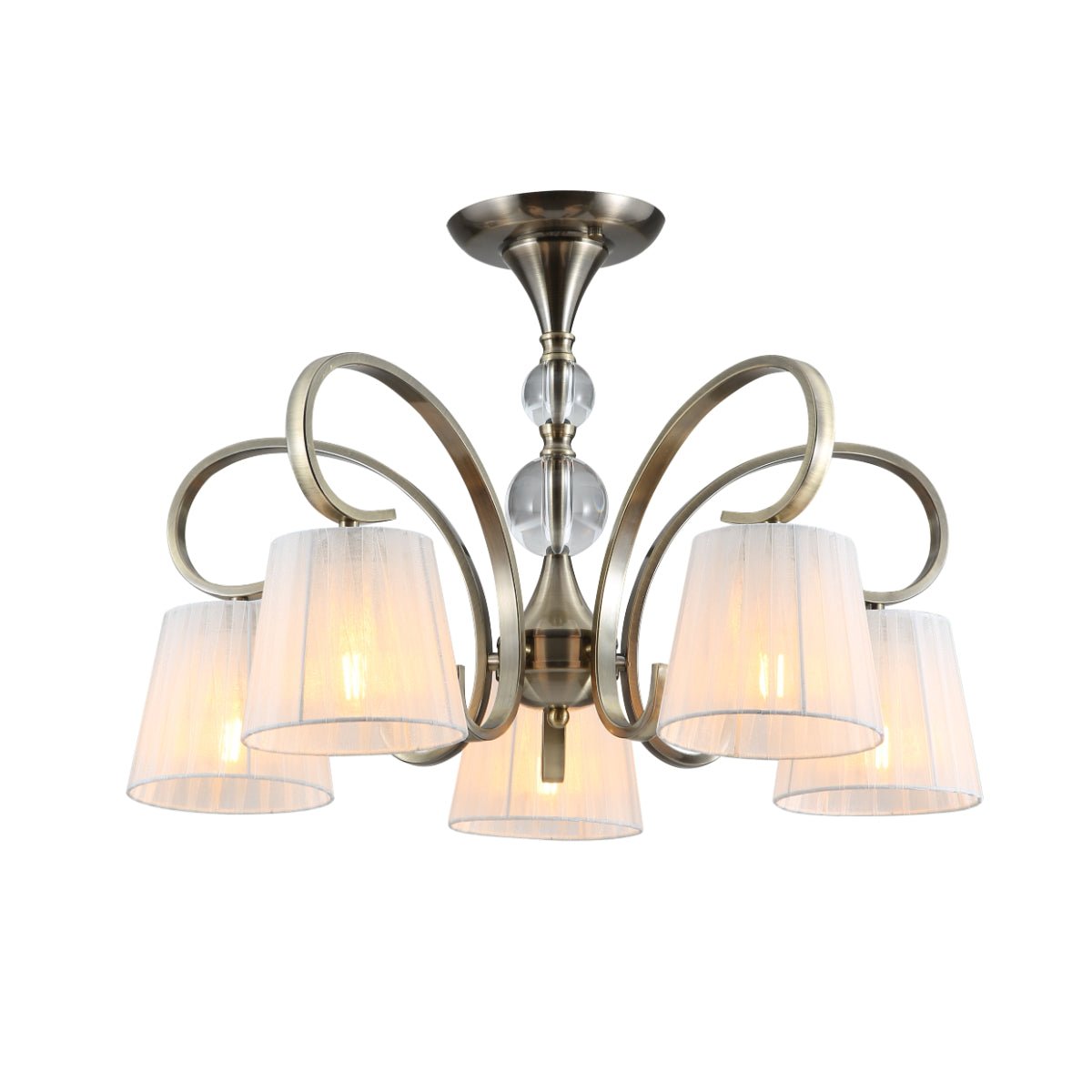 Main image of Antique Brass Metal Body Rice White Fabric Shaded Vintage Traditional Retro Ceiling Chandelier Light with 5xE27 Fitting | TEKLED 159-17820