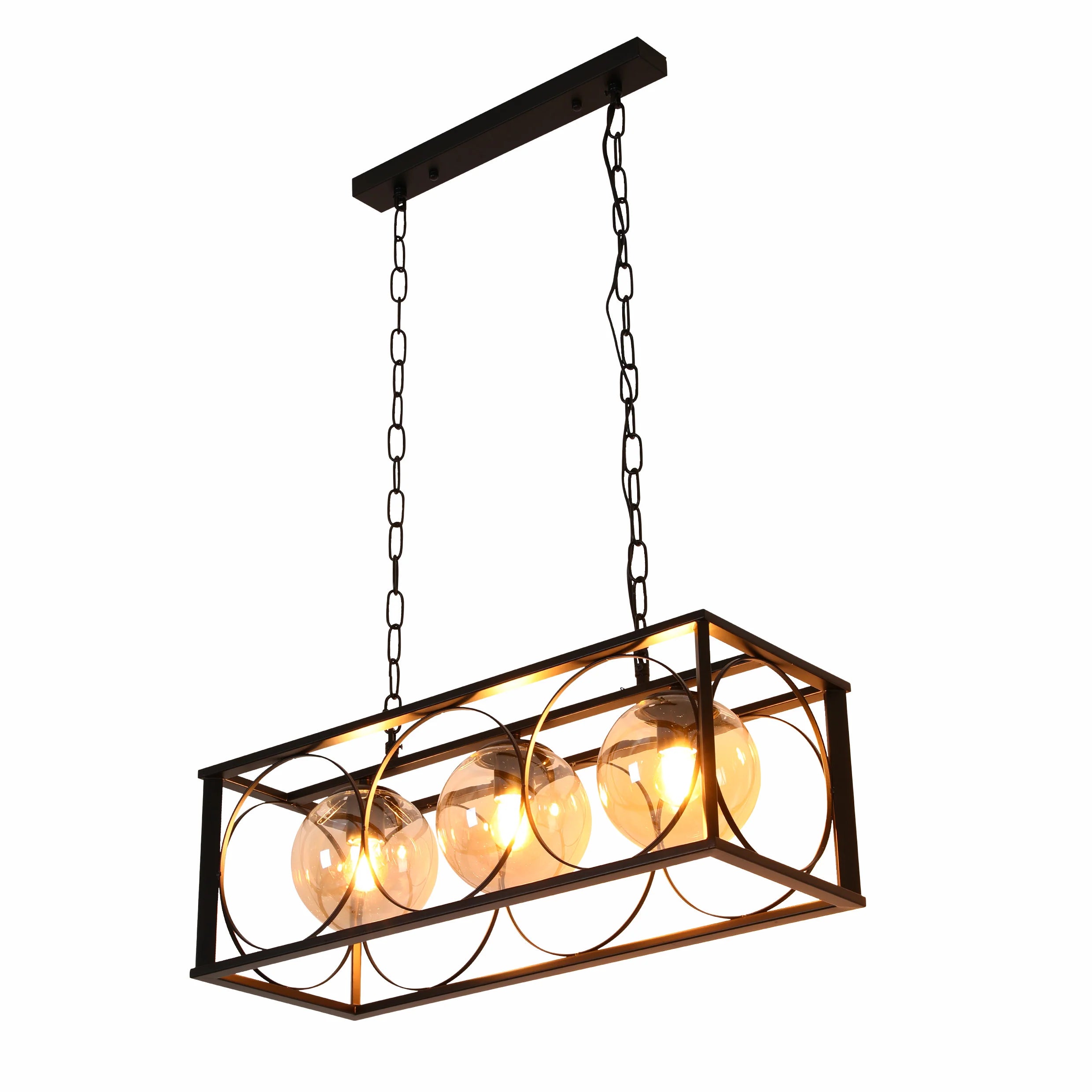 Main image of Black Cuboid Metal Amber Globe Glass Island Chandelier Ceiling Light with 3xE27 | TEKLED 150-18080